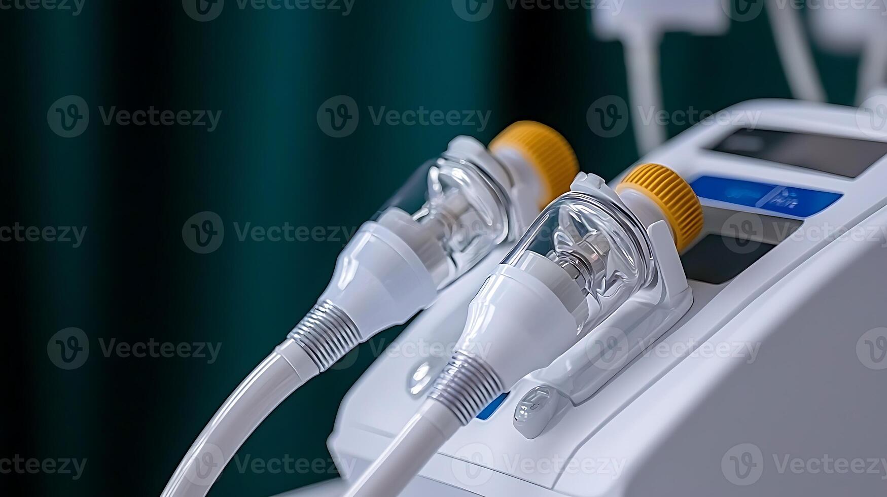 Close-up of medical nebulizer with clear tubing and yellow connectors against a green backdrop photo