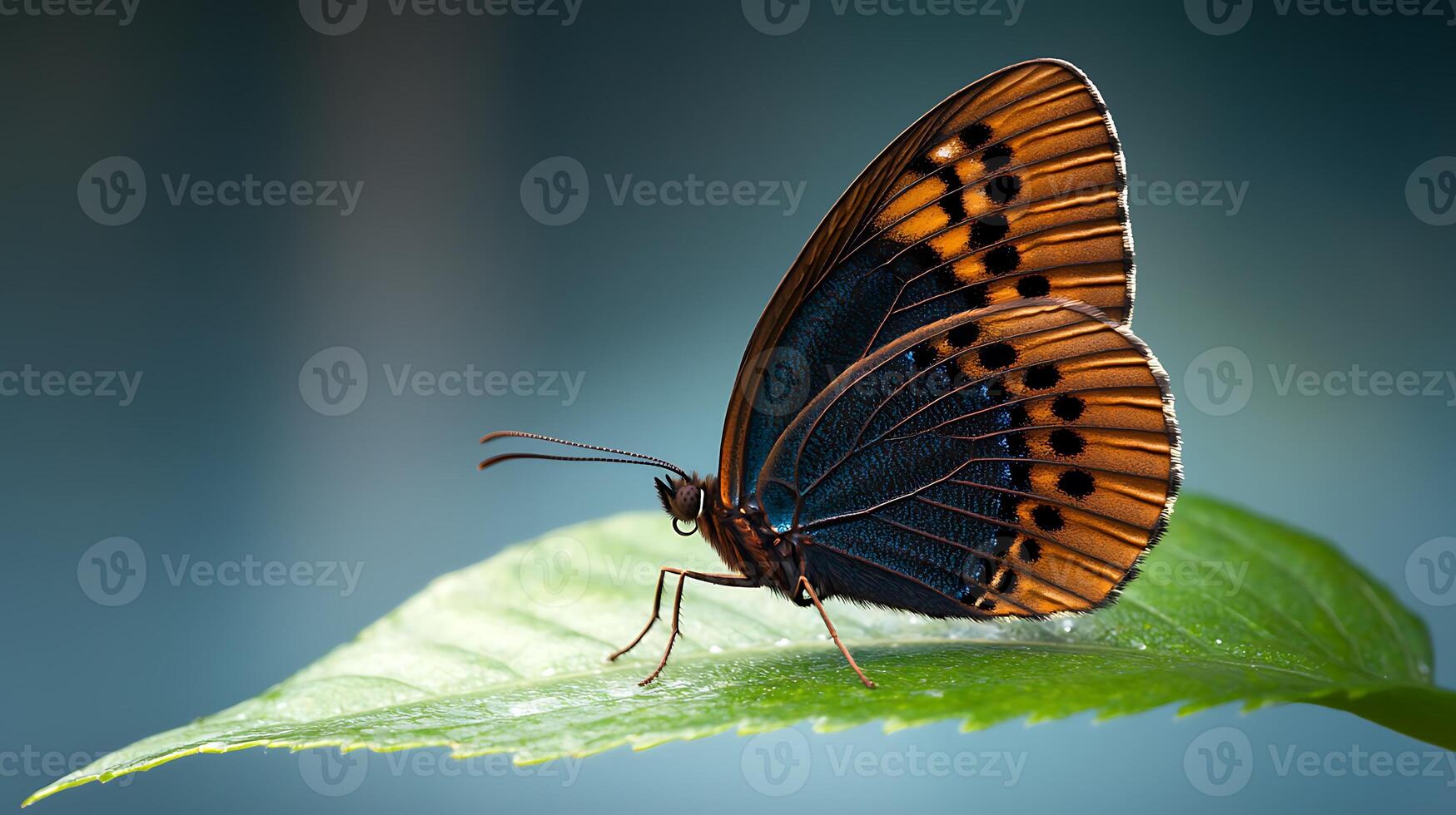 Close-up of a vibrant butterfly resting on a green leaf in a serene natural setting photo