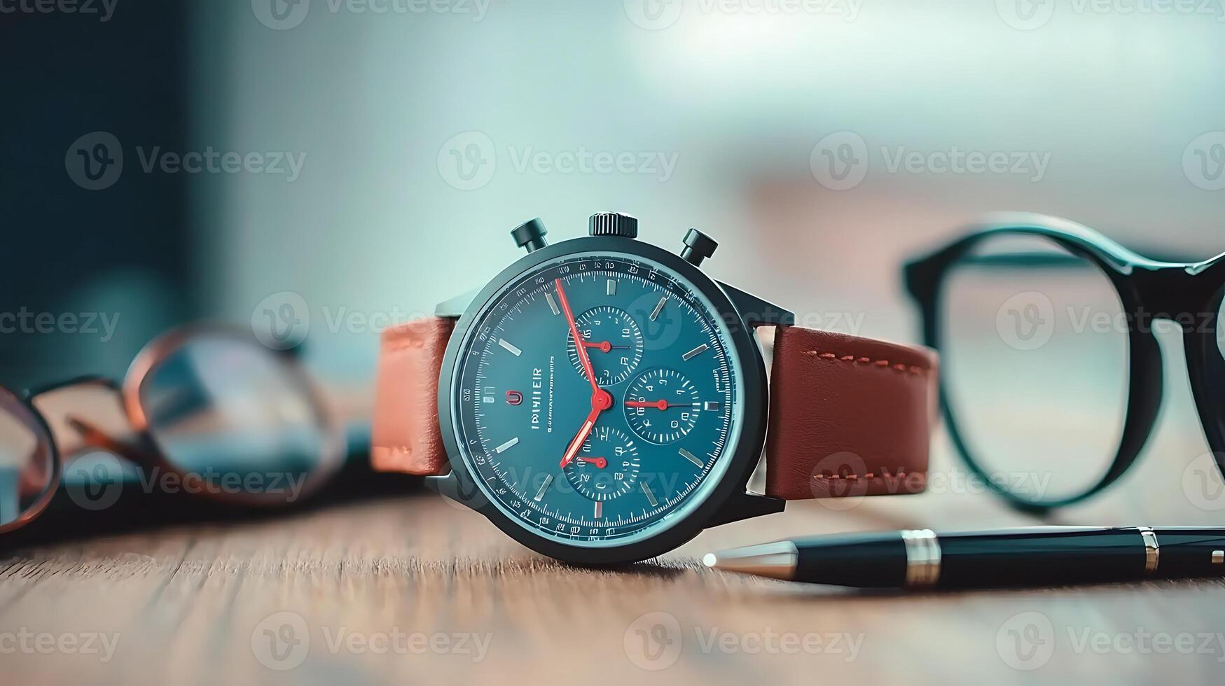 Close-up of a stylish wristwatch on a wooden table with glasses and a pen in the background photo