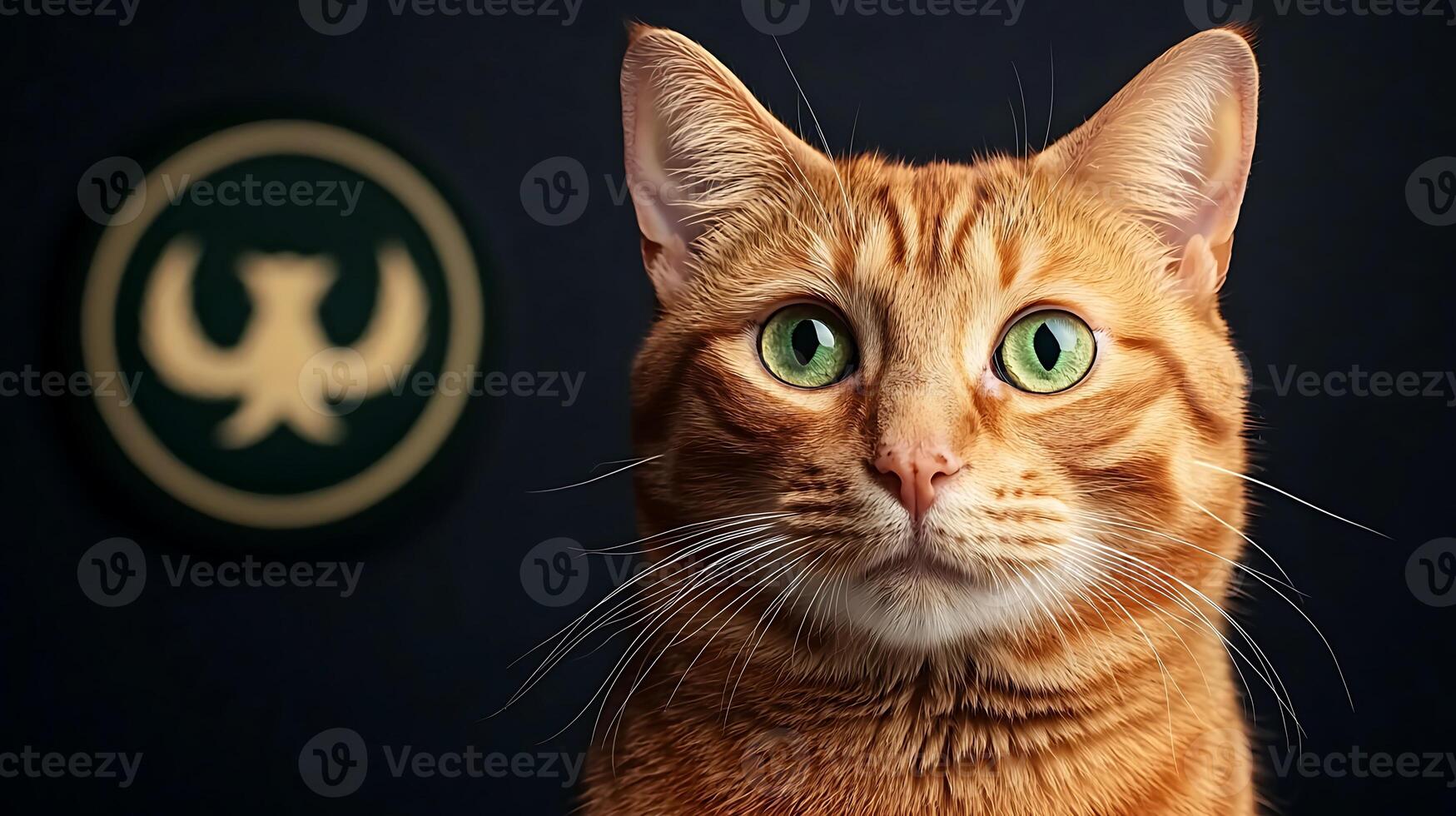 Close-up portrait of an orange tabby cat with striking green eyes against a dark background photo