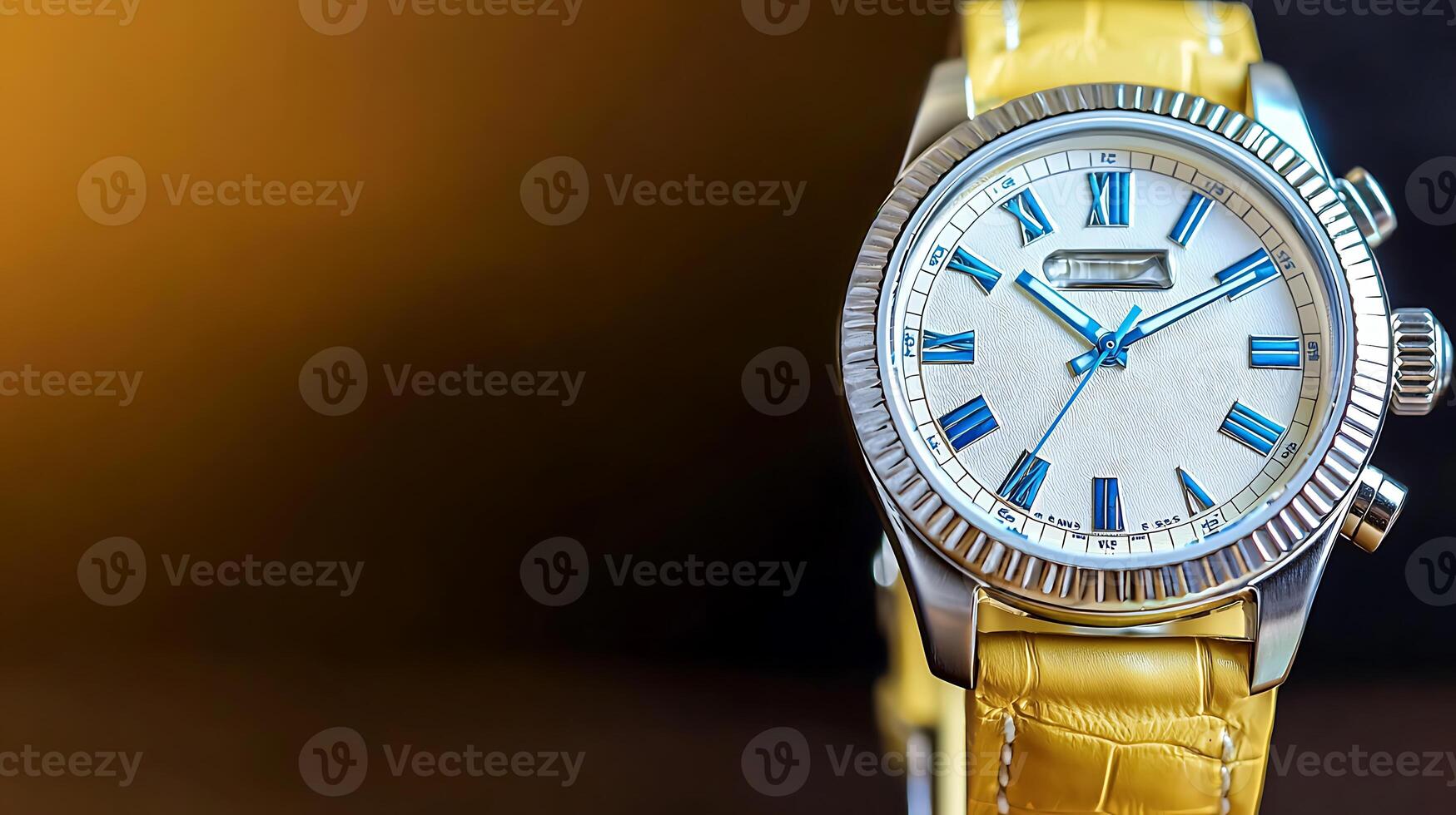 Close-up of a stylish watch with a yellow strap, showcasing intricate design and craftsmanship photo