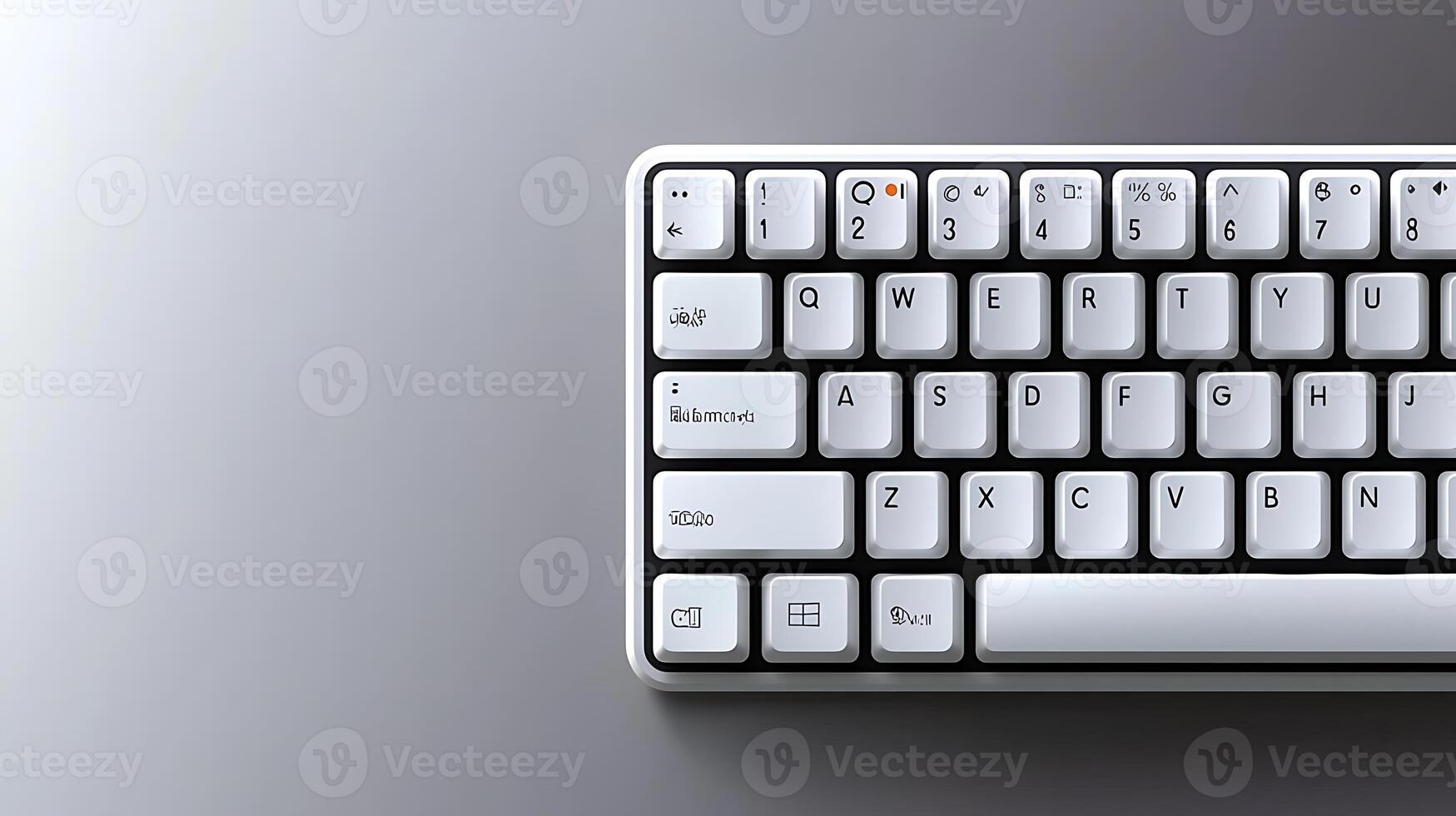Close-up view of a modern white keyboard on a sleek gray surface, showcasing its design and functionality photo