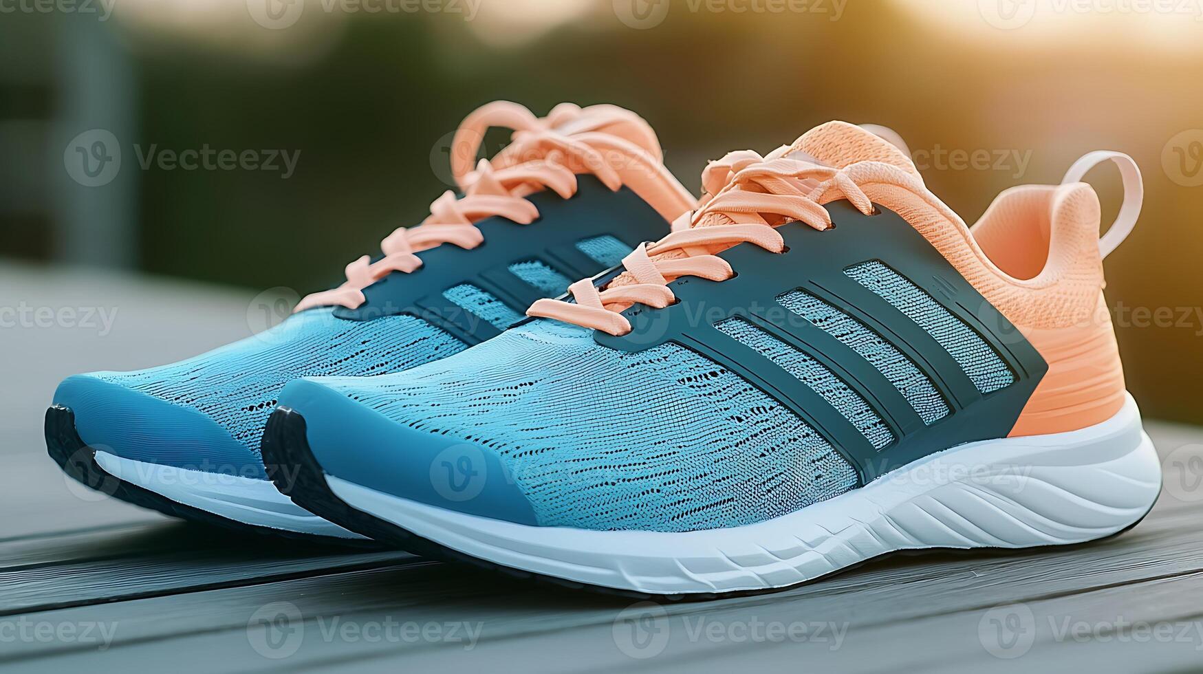 Close-up of modern athletic shoes on a wooden surface during sunset, highlighting design and color photo