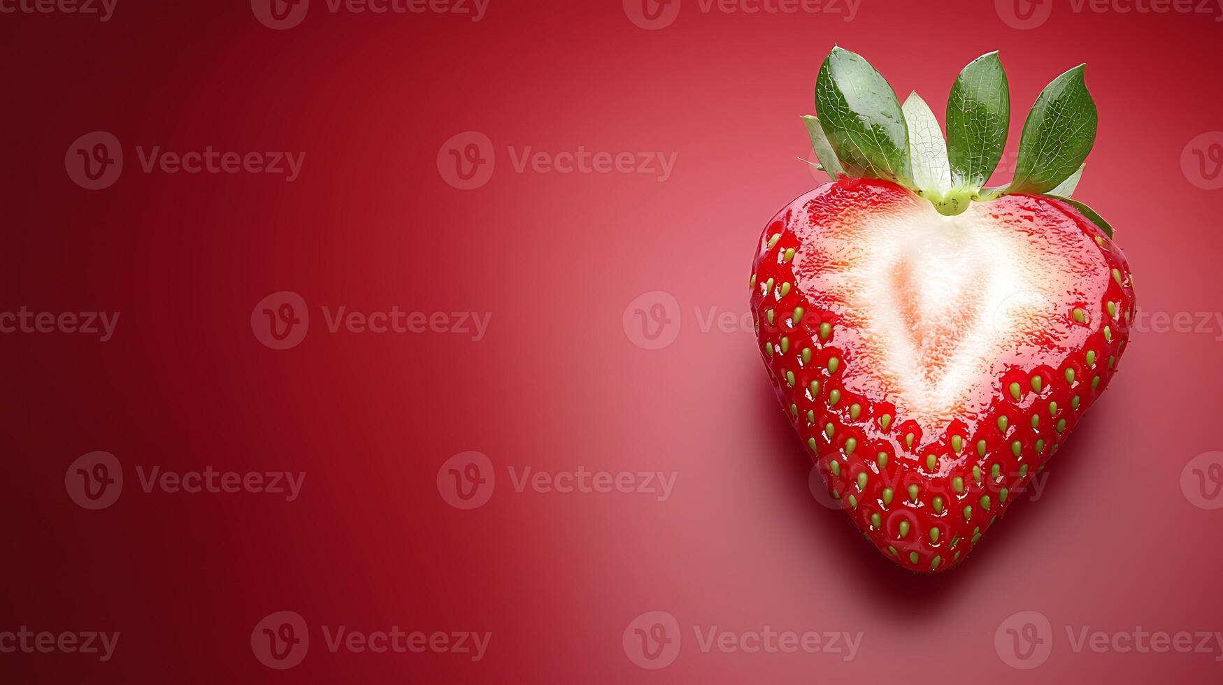 Close-up of a vibrant strawberry cut in half, revealing a heart shape, against a rich red background photo