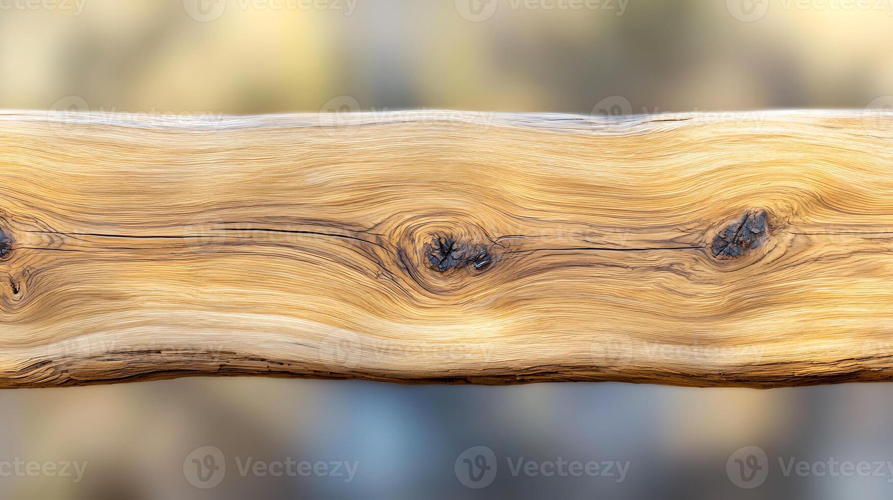 Close-up view of a rustic wooden beam showcasing natural grain patterns and knots photo