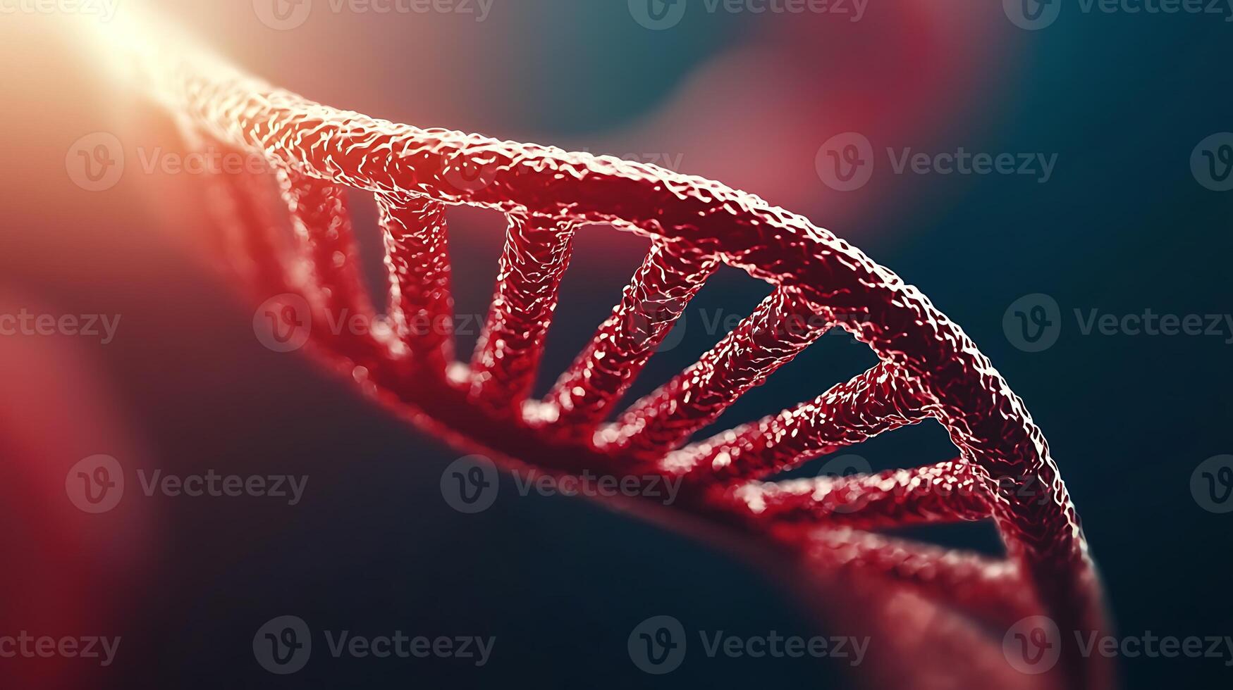 Close-up view of a red DNA helix showcasing intricate details and glowing background elements photo
