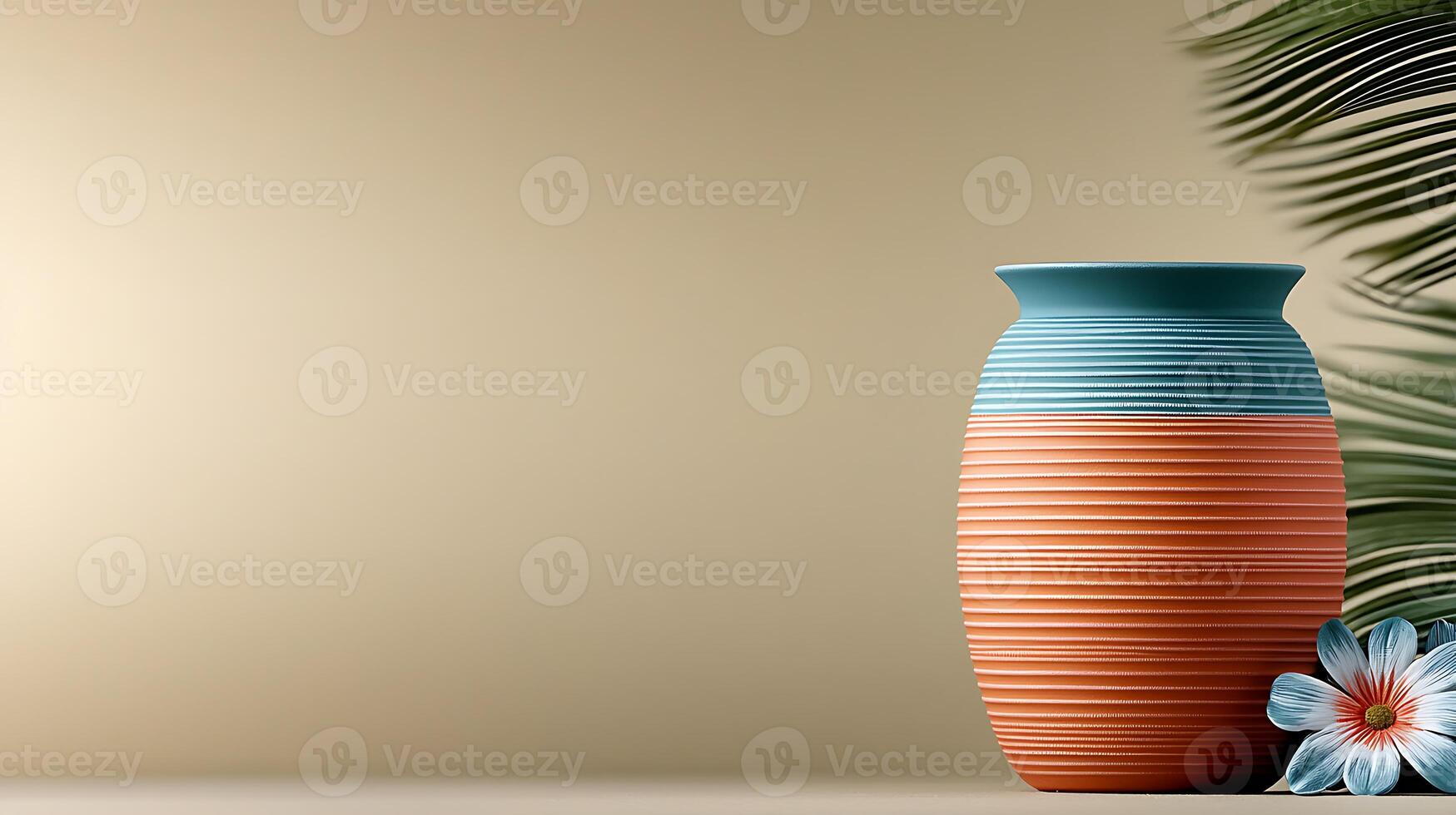 Colorful vase with textured stripes positioned against a neutral background with foliage photo