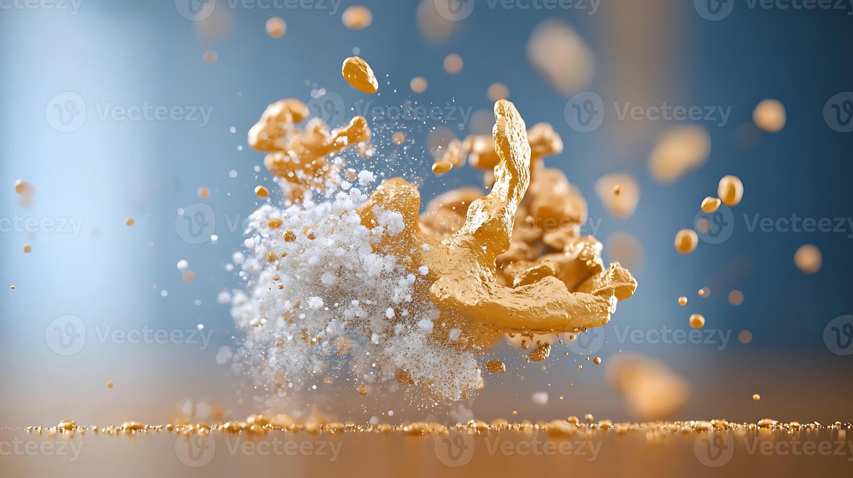 Dynamic explosion of golden powder and white particles on a wooden surface with a blurred background photo