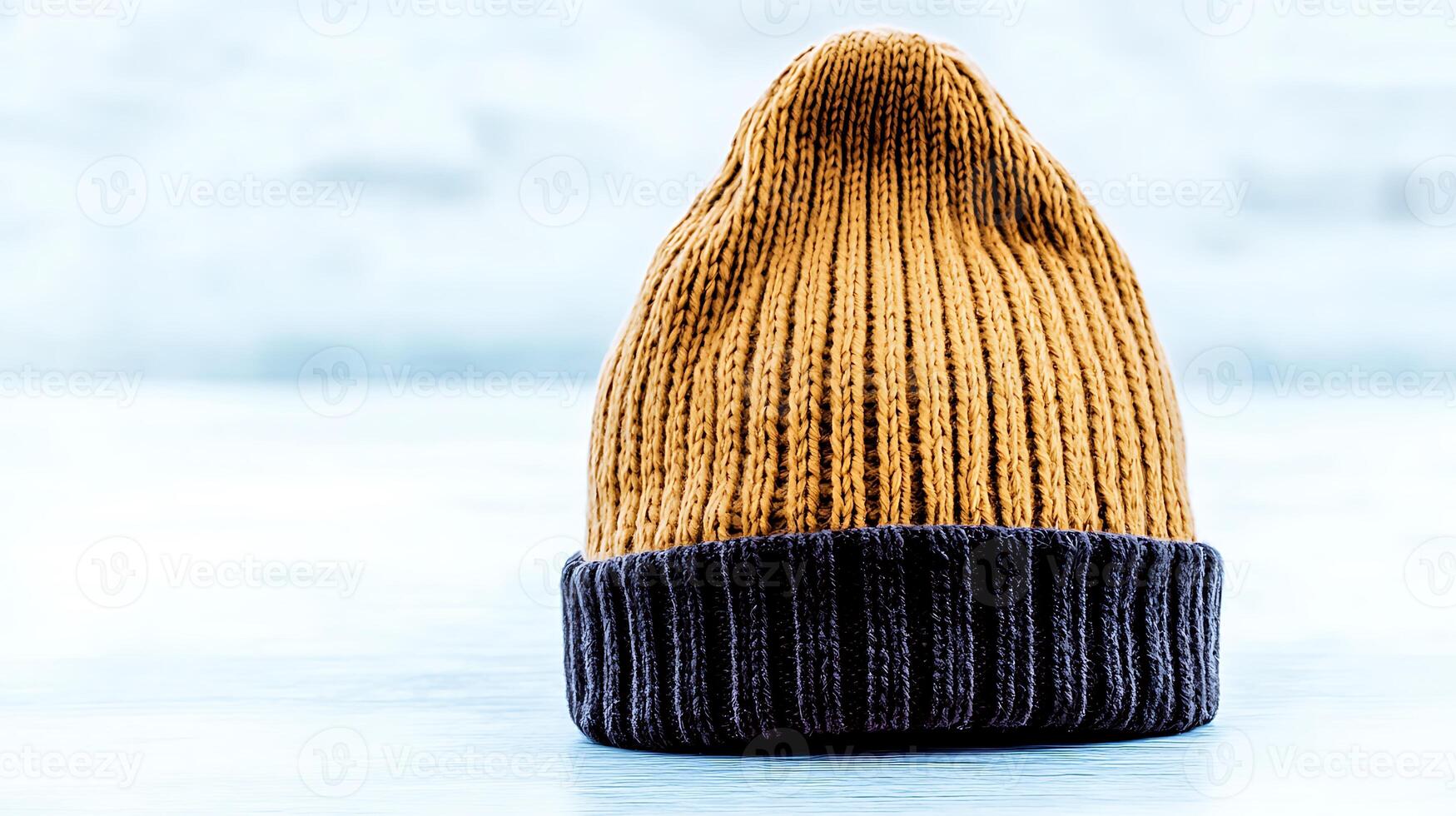 Cozy knitted beanie hat in warm tones displayed on a light surface with a soft background photo