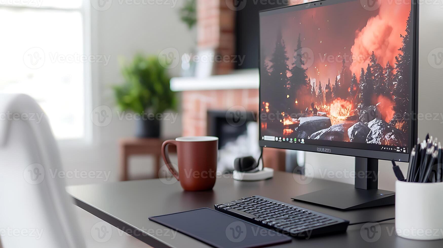 Cozy workspace featuring a computer displaying a forest fire scene, with a warm drink and stationery photo
