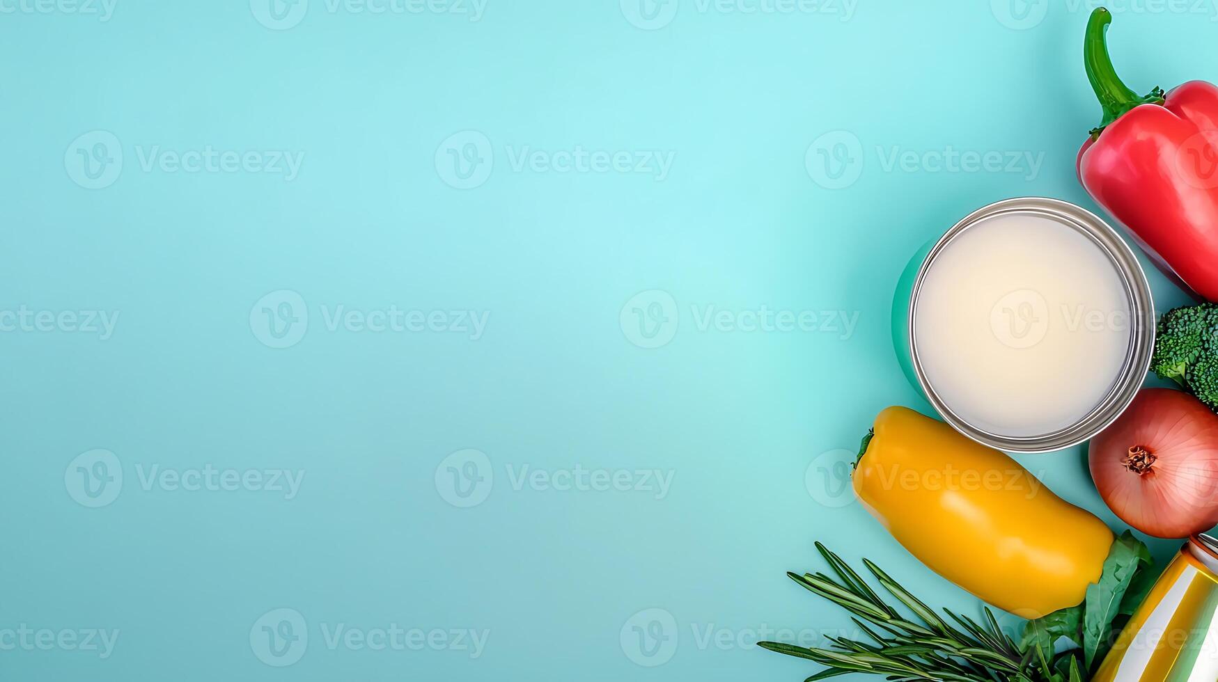 Colorful assortment of fresh vegetables and yogurt on a vibrant turquoise background photo