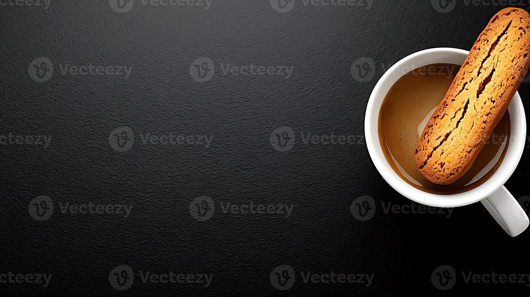 A close-up of a coffee cup with a biscotti resting on the rim against a dark background photo