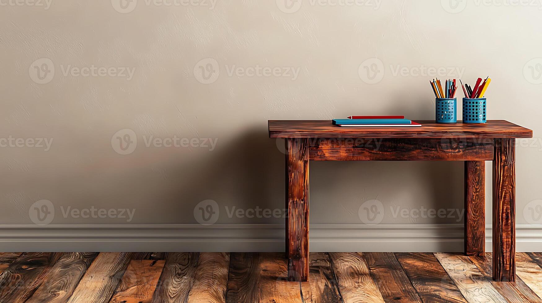 A cozy workspace featuring a wooden table with colorful stationery and a minimalist background photo