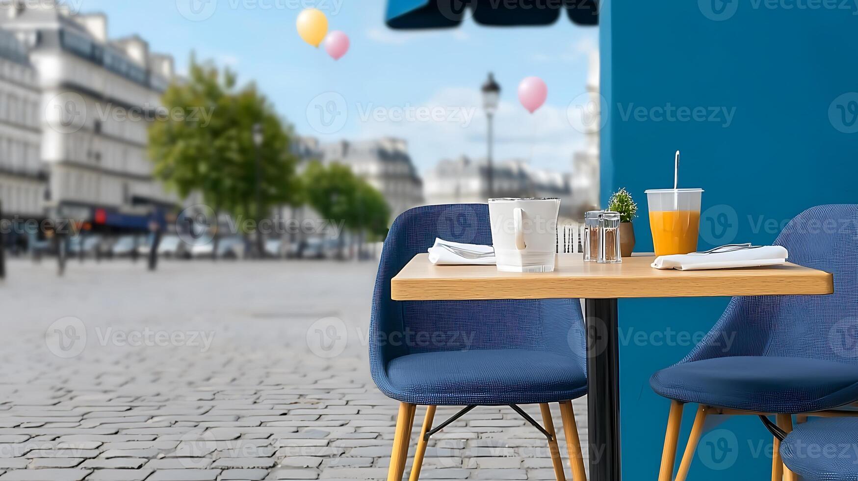 A cozy caf scene in Paris with a table set for two, featuring drinks and balloons in the background photo