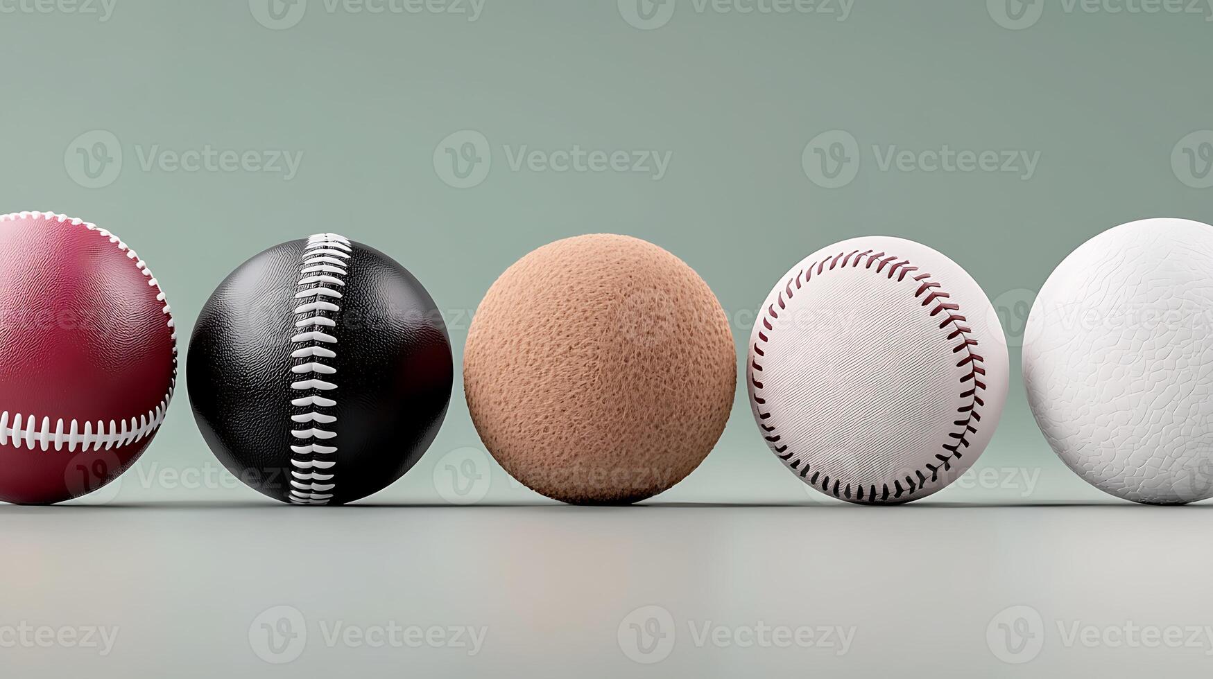 A collection of various baseballs displayed in a row on a minimalist background photo