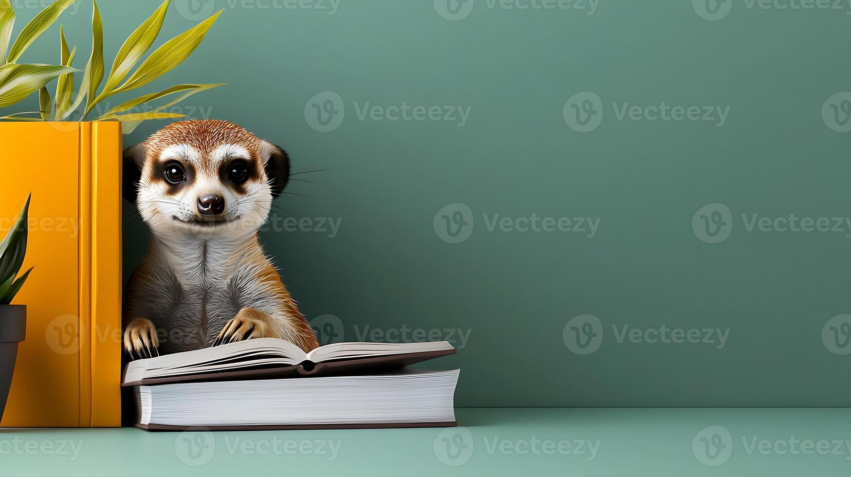A curious meerkat perched beside an open book and a potted plant against a green backdrop photo