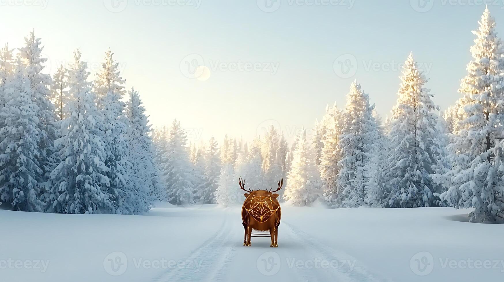 Majestic elk standing on a snowy path surrounded by frosted trees under a clear sky photo