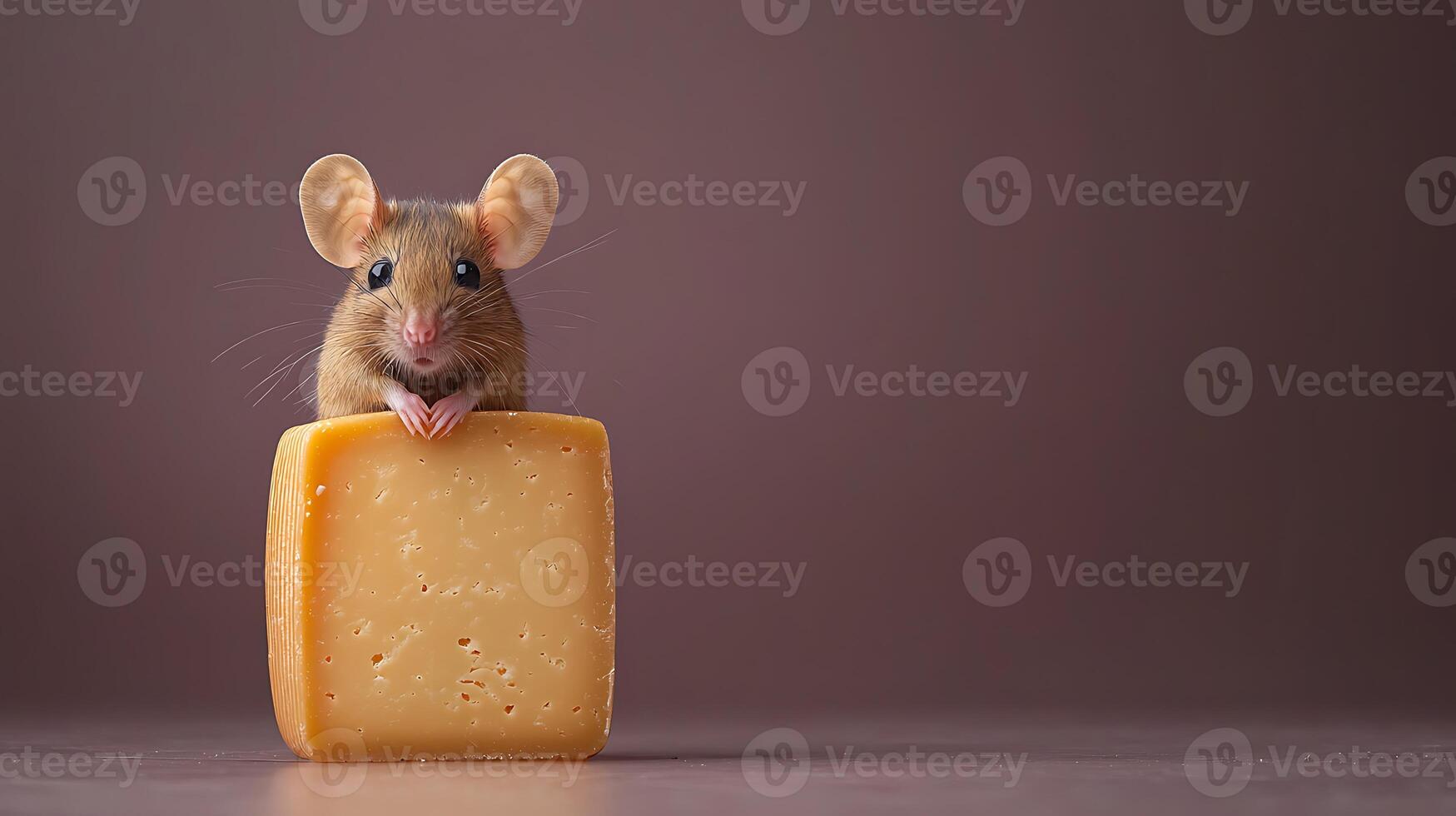 A curious mouse perched on a block of cheese, set against a soft, neutral backdrop photo