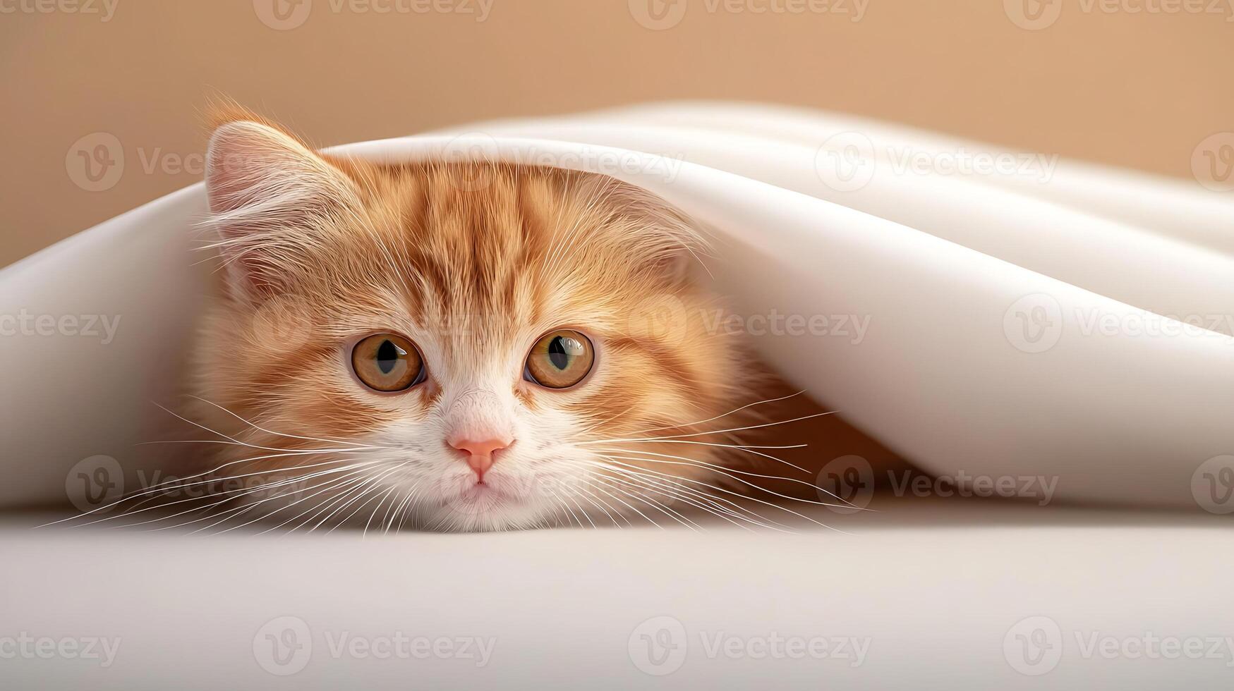 A curious ginger cat peeks out from under a soft white blanket in a cozy indoor setting photo
