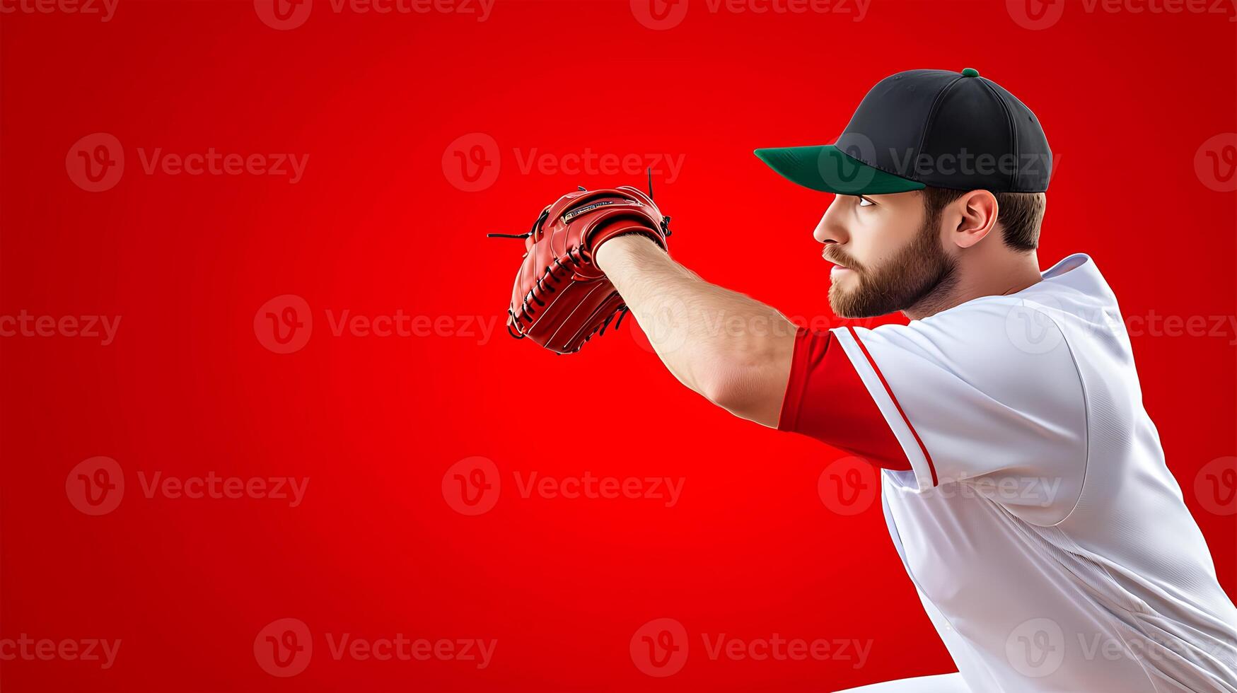 Professional baseball player preparing to pitch against a vibrant red background photo