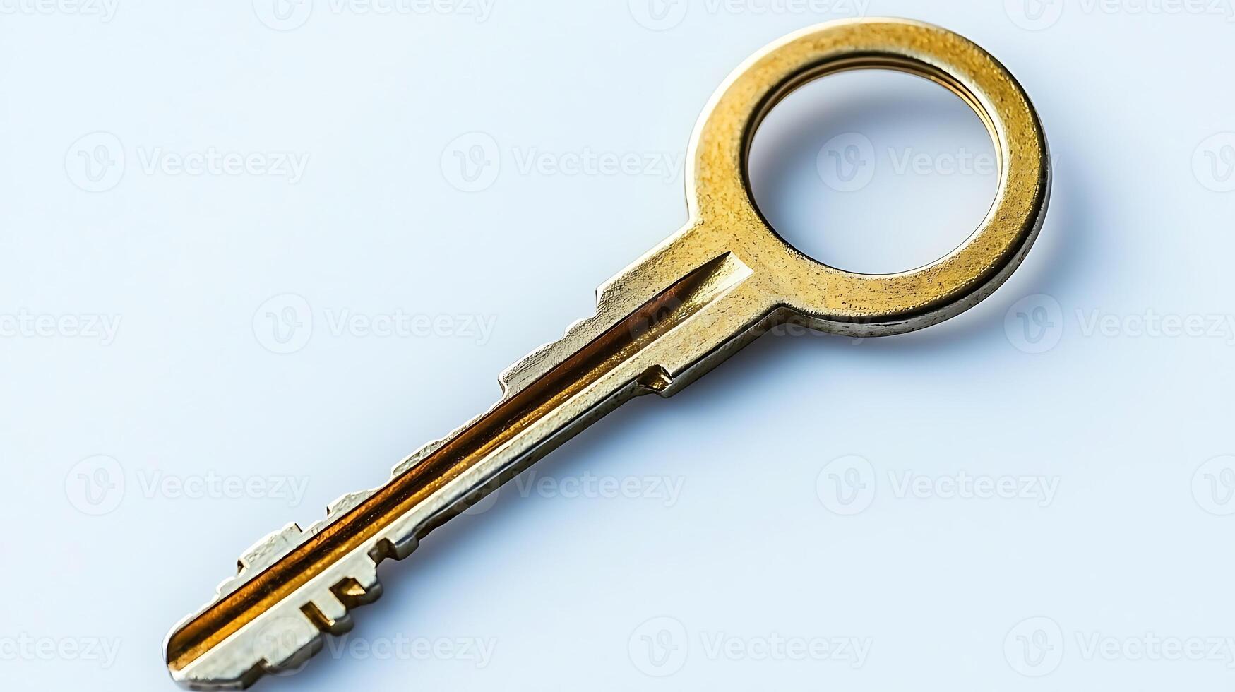A close-up view of a shiny gold key resting on a smooth white surface, reflecting light photo