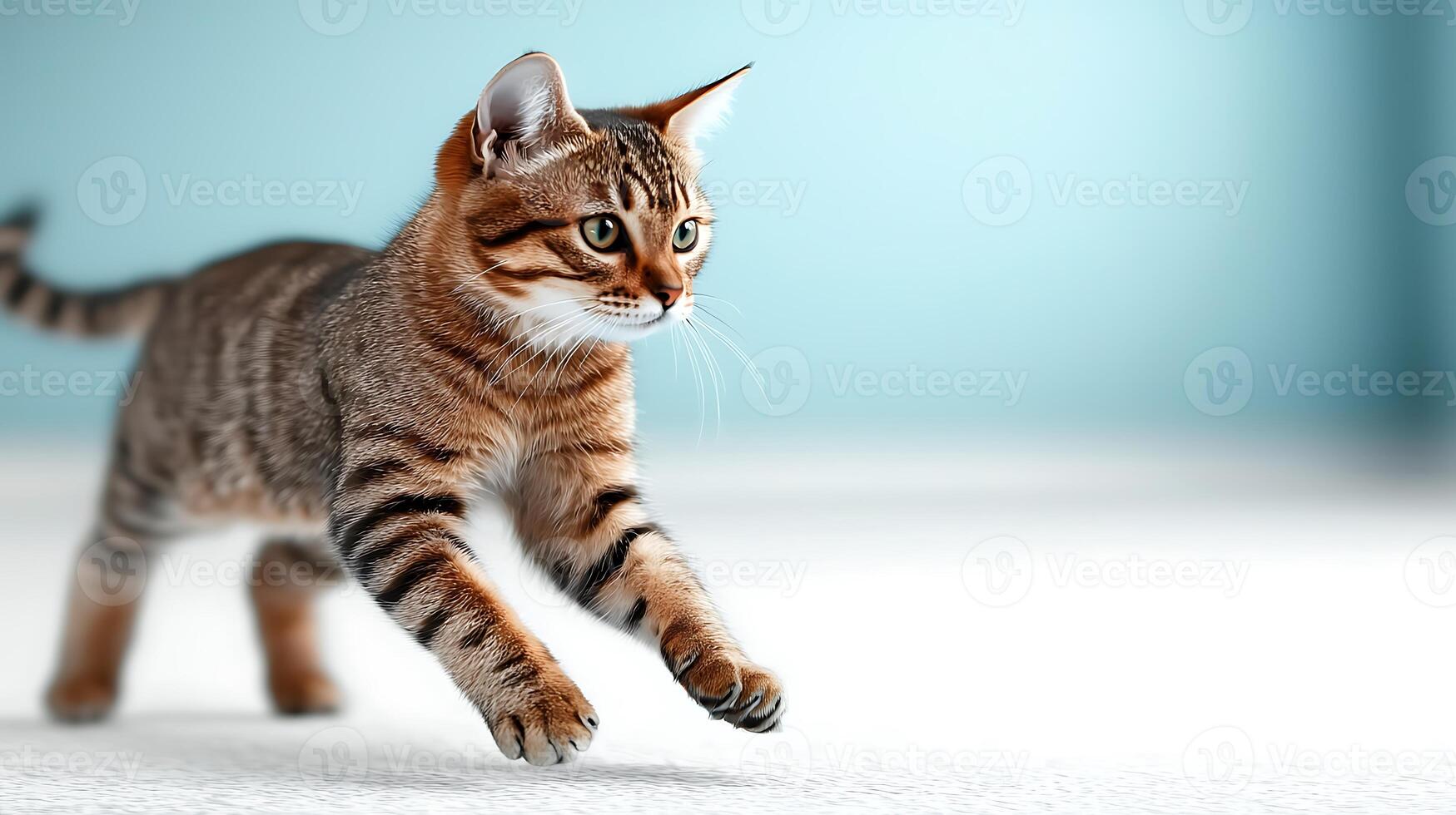 Playful tabby cat running across a soft white carpet in a bright, serene room photo