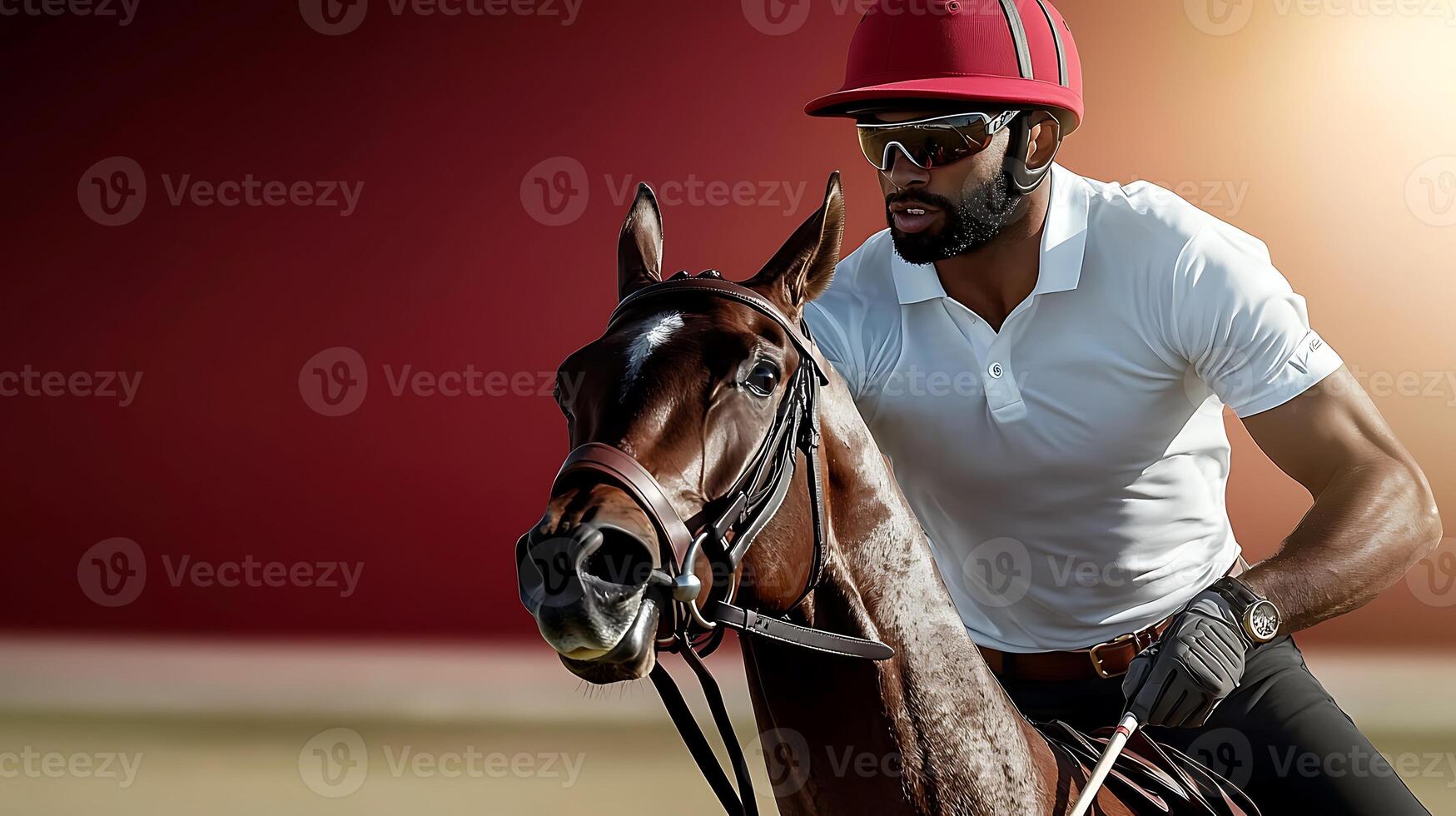 Professional polo player in action on a horse during a match with a blurred background photo