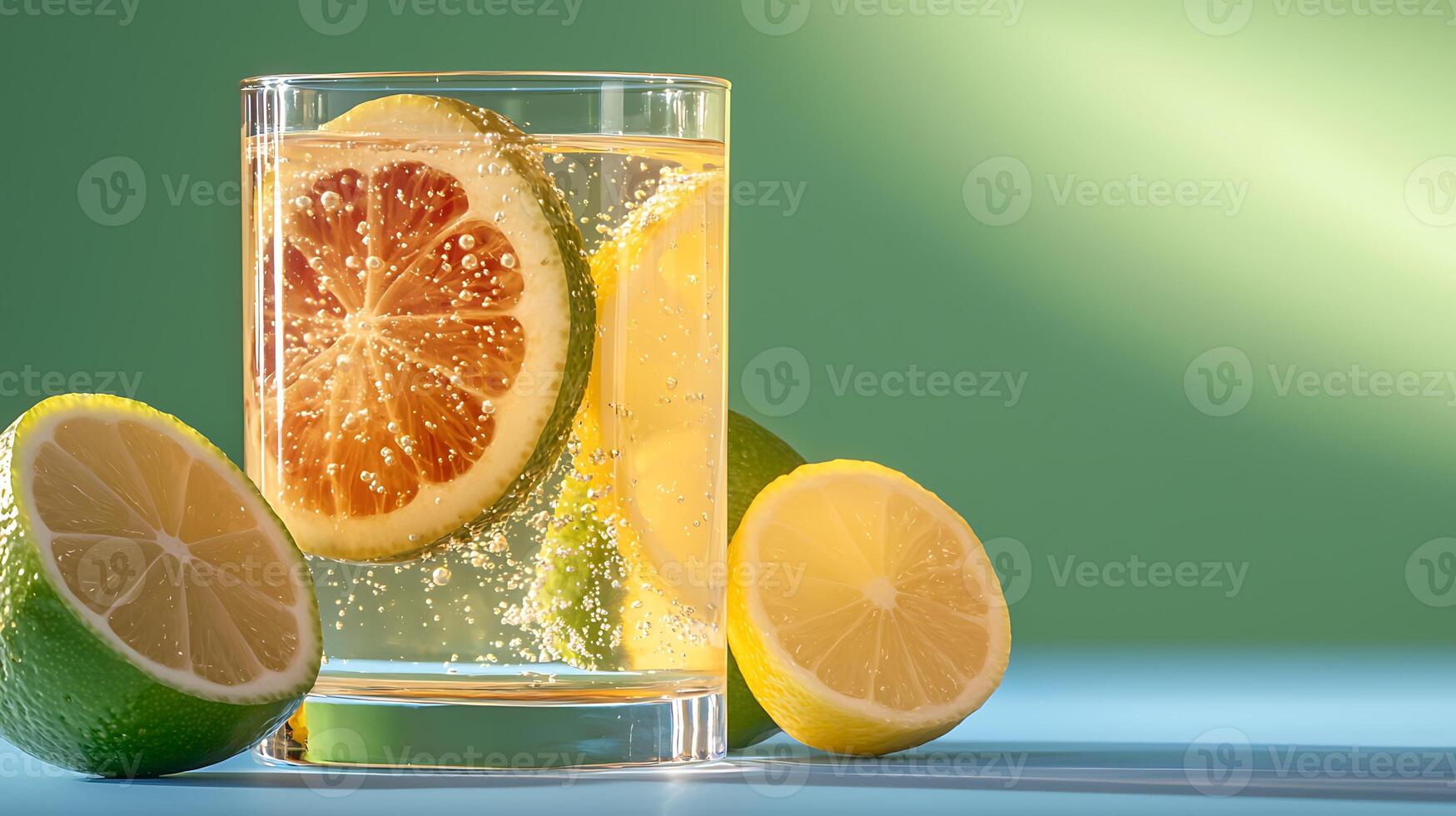 Refreshing glass of sparkling lemonade with lemon slices on a bright pastel background photo