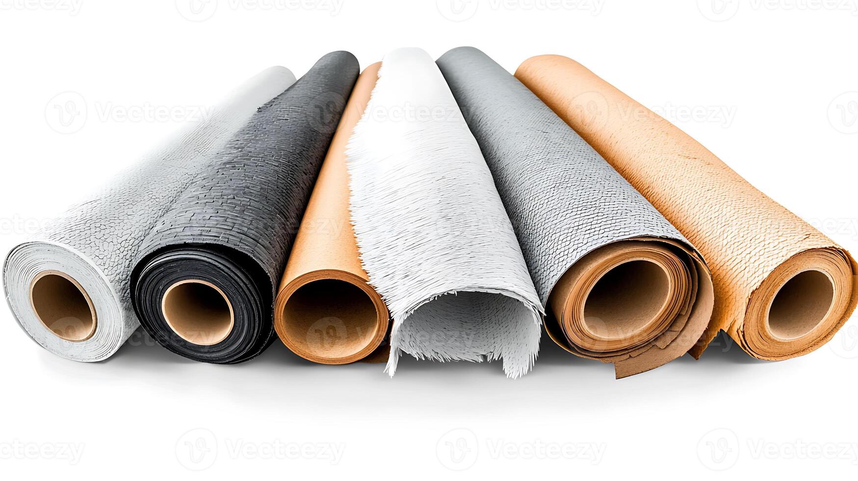 Rolls of various textured materials arranged neatly on a white background, showcasing design options photo