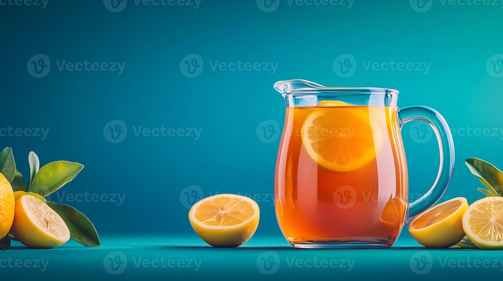 Refreshing pitcher of iced tea with lemon slices, surrounded by fresh lemons on a vibrant background photo