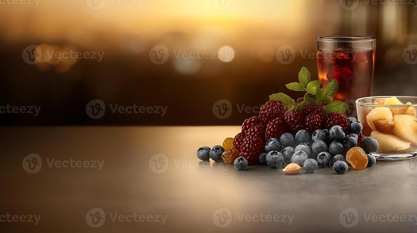Refreshing summer beverage with berries and snacks on a table against a sunset background photo