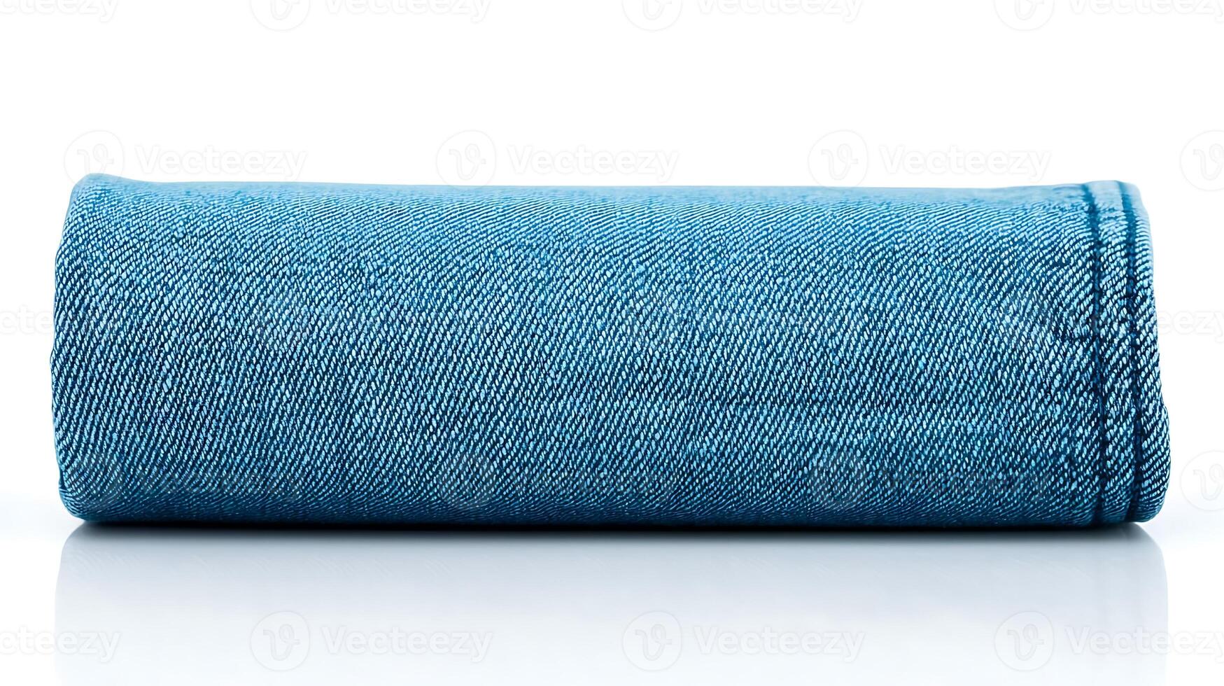 Rolled denim fabric showcasing texture and color, set against a reflective surface photo