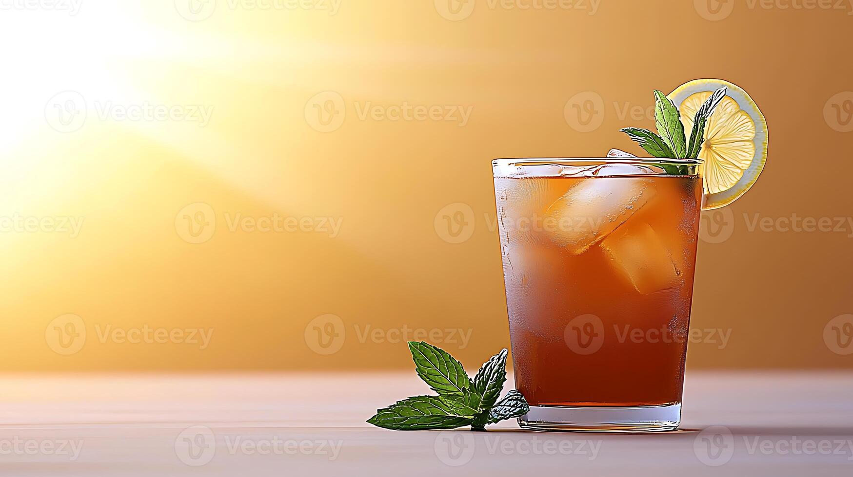 Refreshing iced tea with lemon and mint served in a glass against a warm sunset background photo