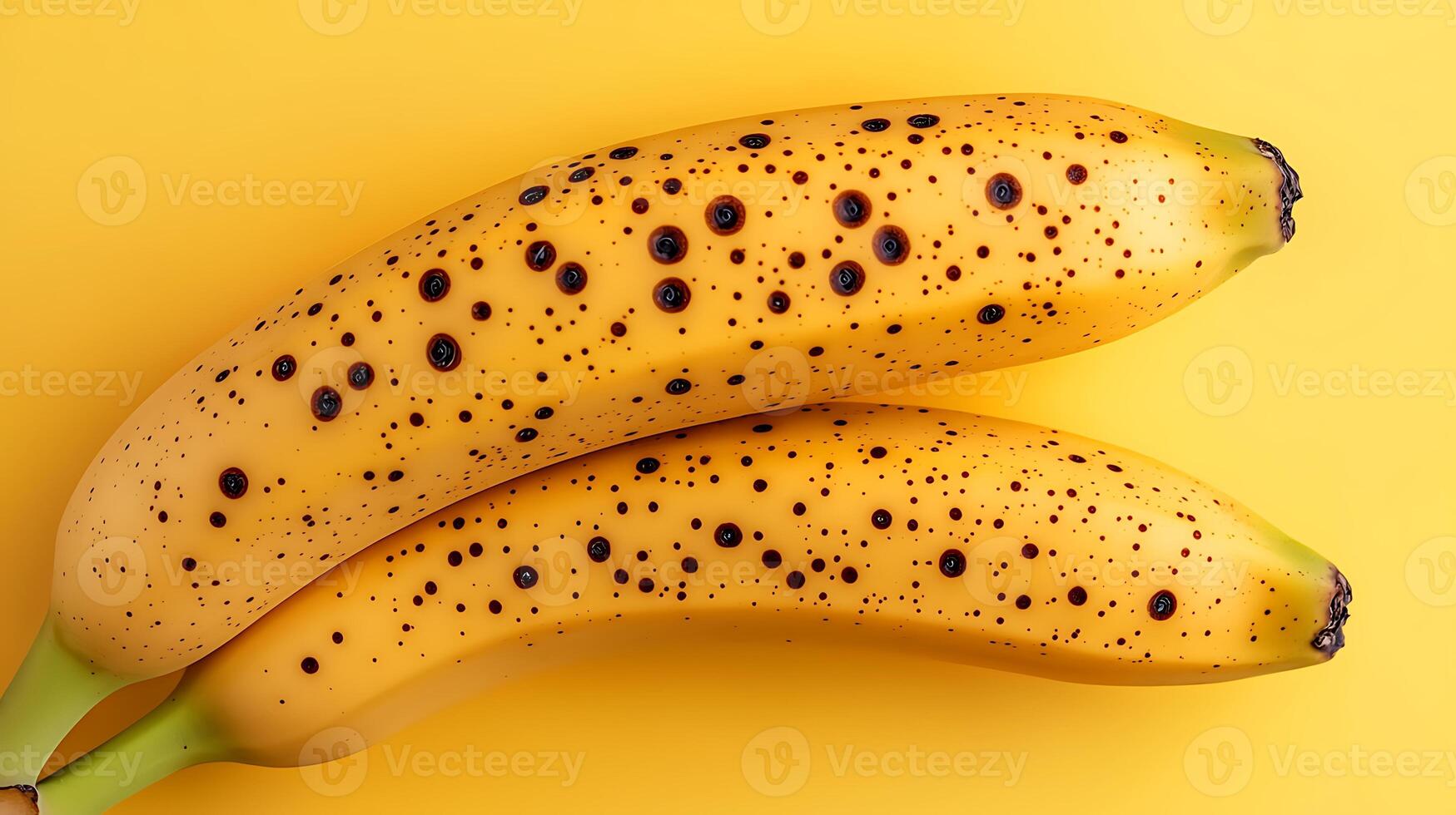 Ripe bananas with brown spots on a vibrant yellow background, ideal for food photography photo