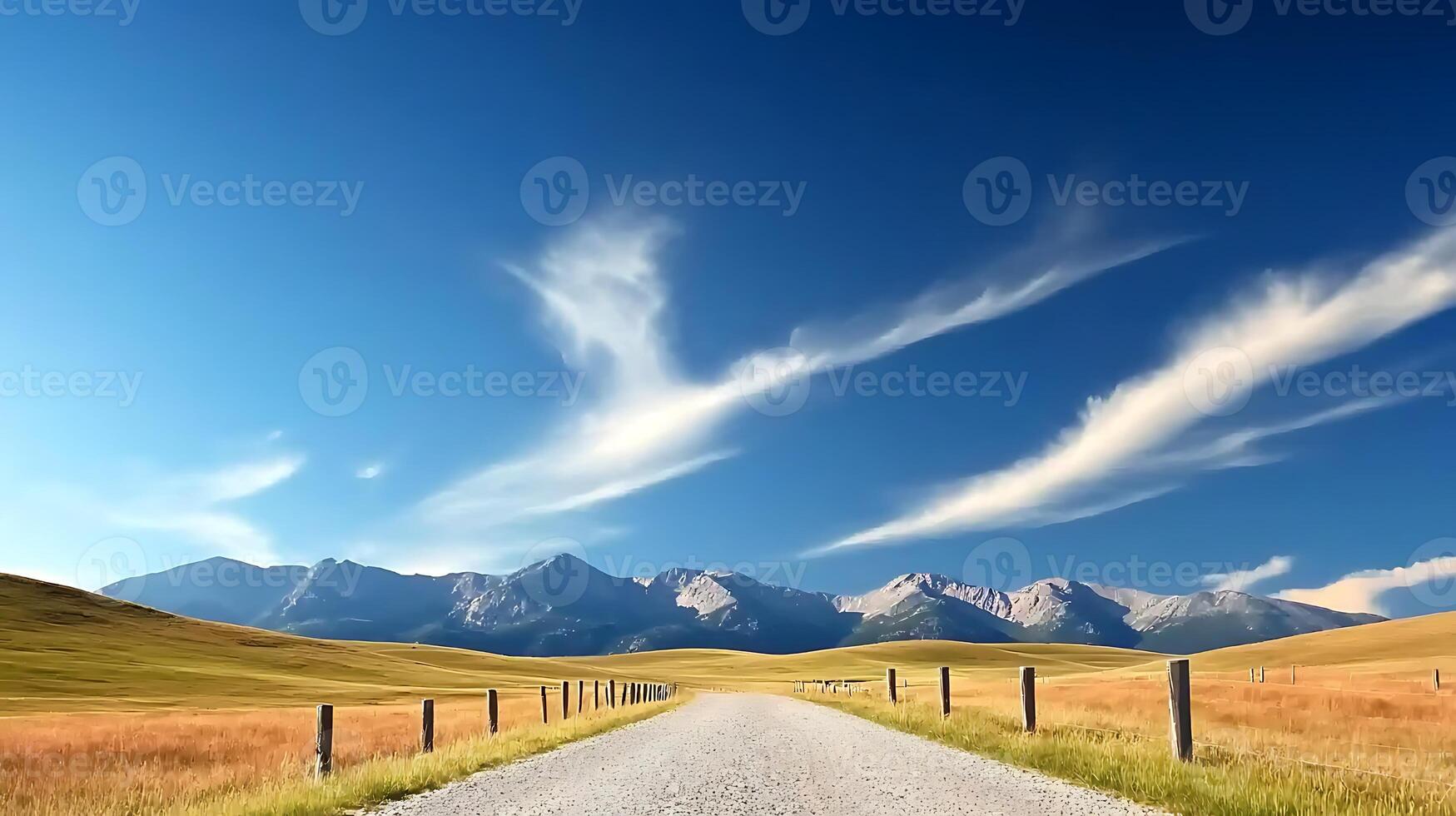 Serene gravel road stretching through a vast meadow with distant mountains under a clear sky photo