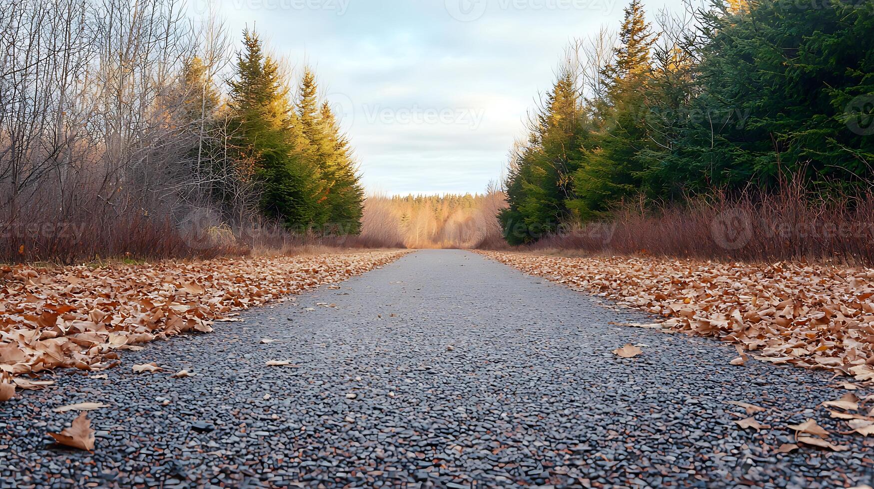 Serene autumn pathway lined with trees, showcasing fallen leaves and a tranquil landscape photo