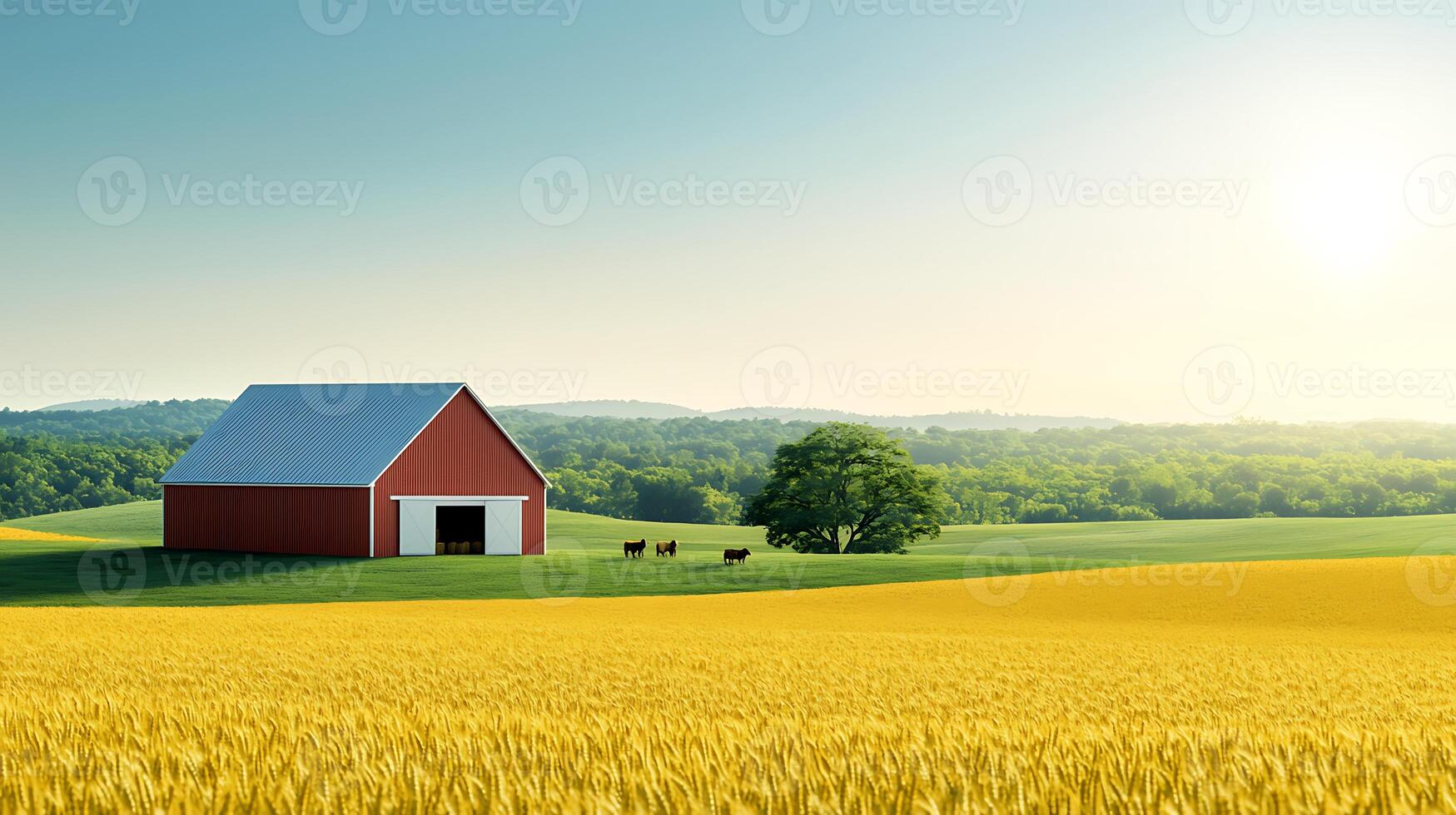 Serene countryside landscape featuring a red barn, grazing cows, and golden wheat fields under sunlight photo