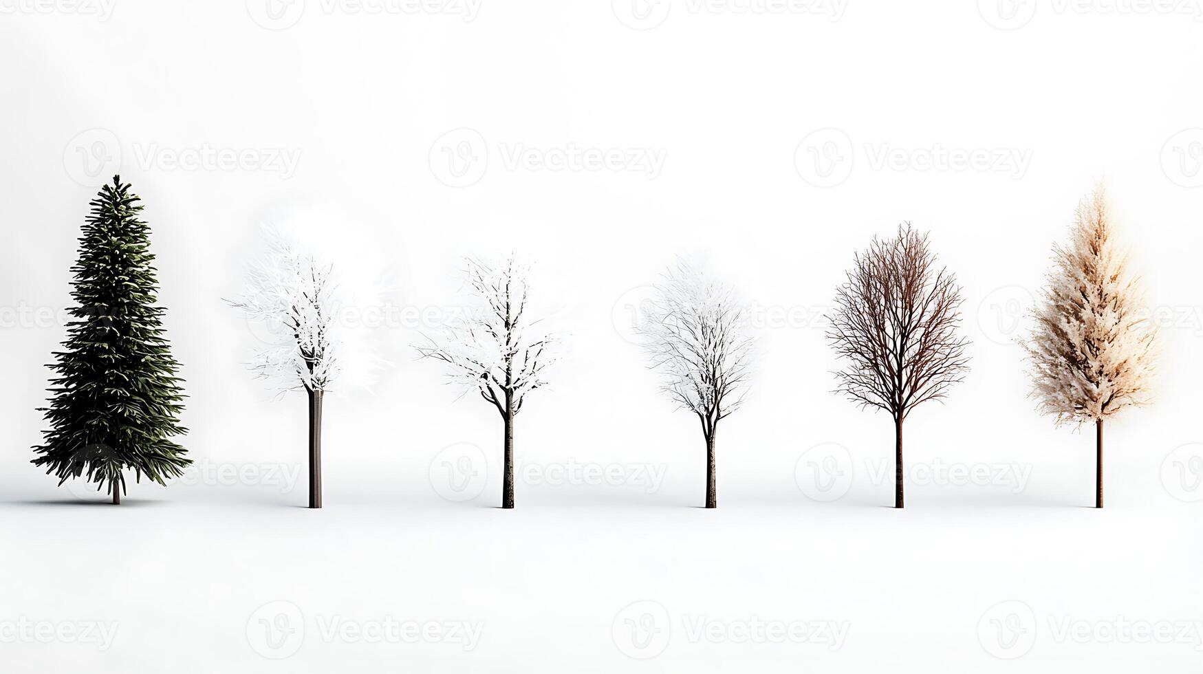 Seasonal transformation of trees showcasing the transition from winter to autumn in a serene landscape photo