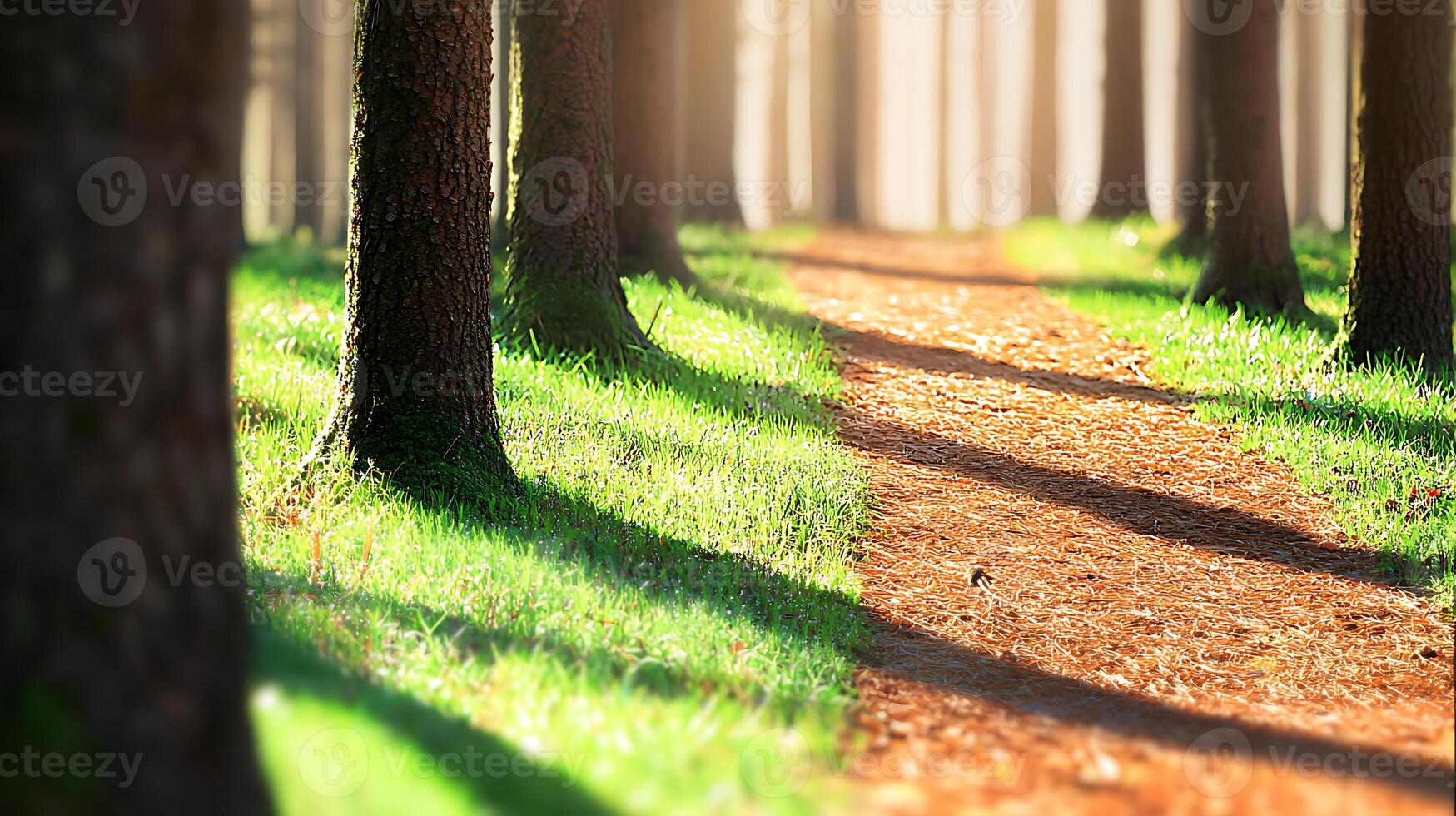 Serene forest path lined with tall trees, sunlight filtering through leaves, inviting tranquility photo