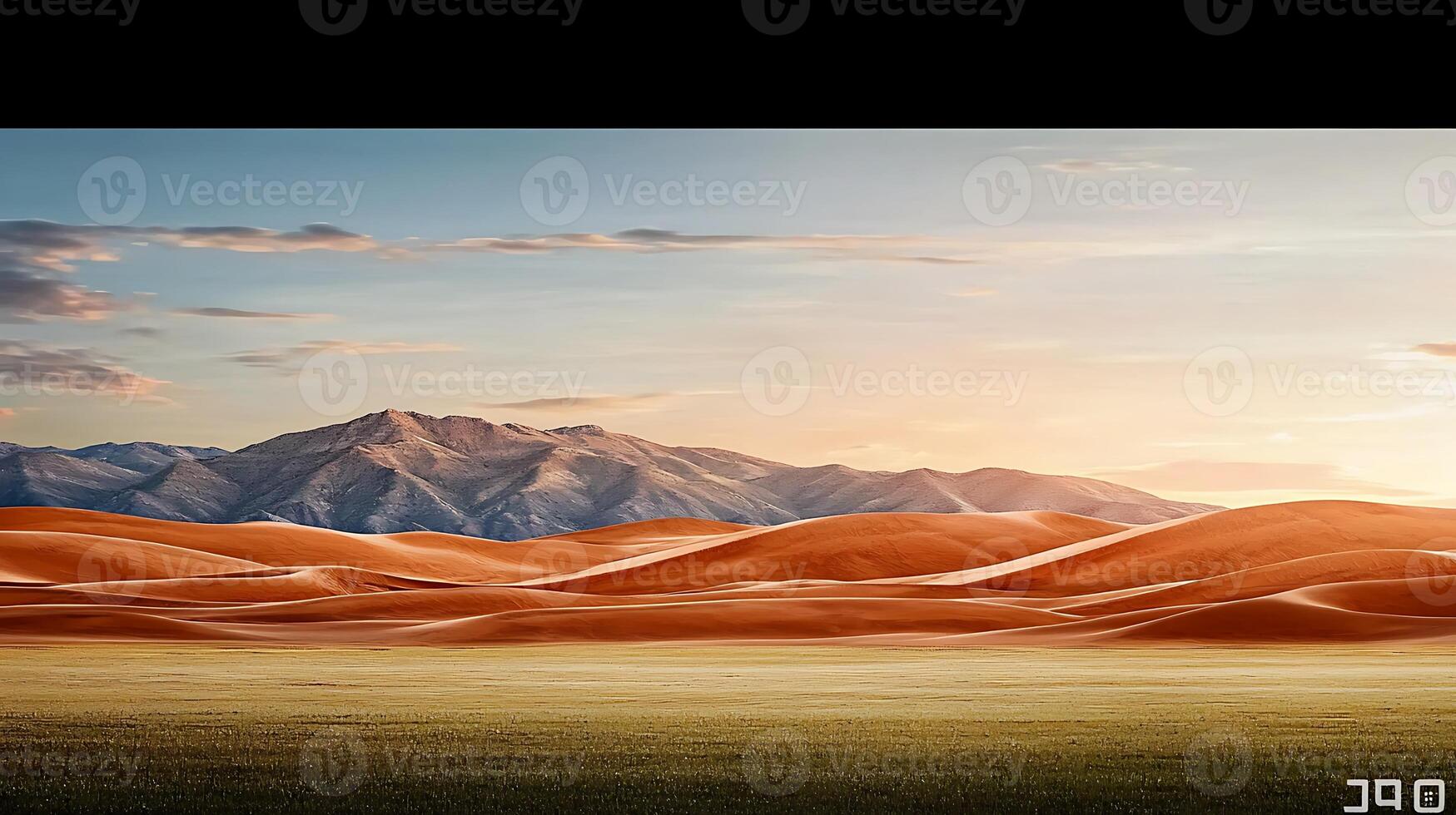 Serene desert landscape at sunset with rolling sand dunes and distant mountains under a colorful sky photo