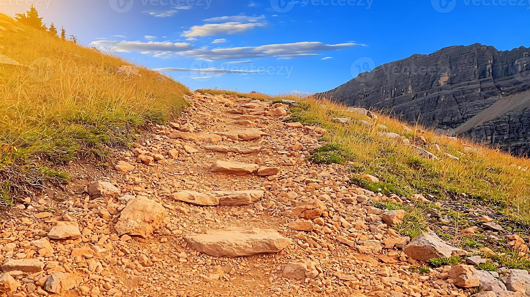 Scenic hiking trail winding through rocky terrain under a bright blue sky at sunset photo