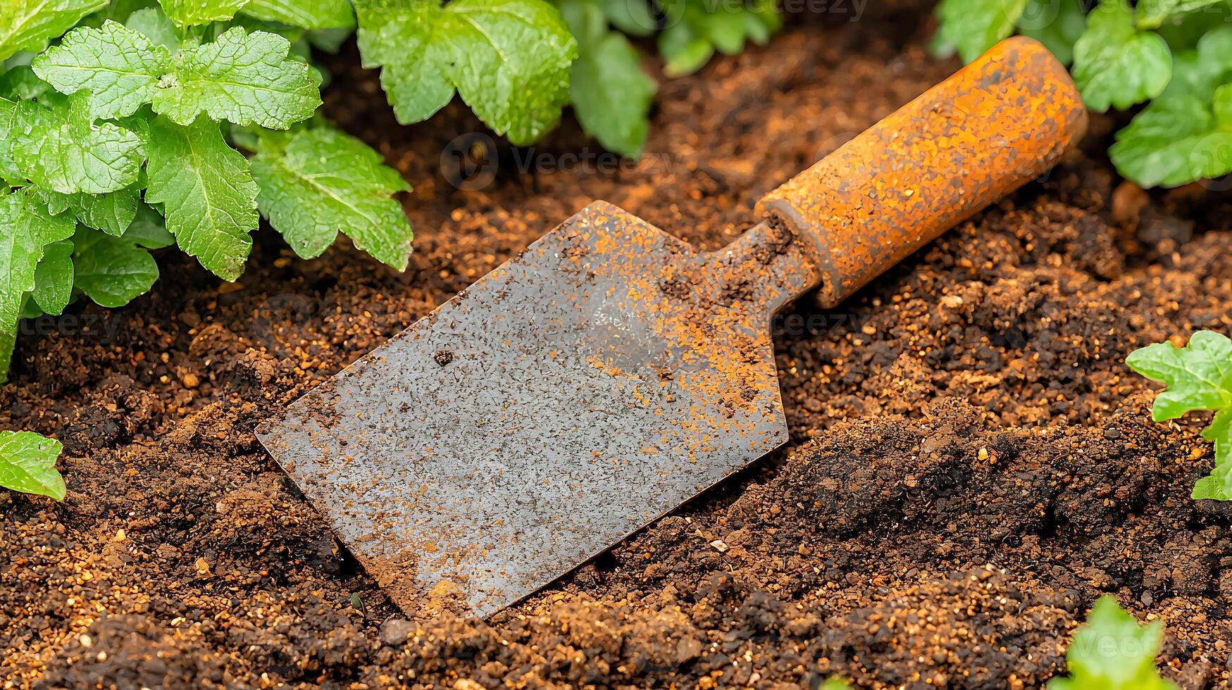 Rusty gardening trowel resting on rich soil surrounded by vibrant green plants in garden photo