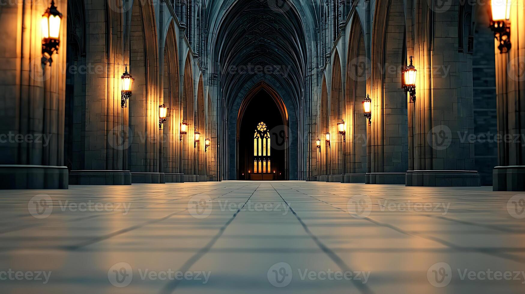 Serene Gothic Cathedral Interior with Illuminated Aisles and Majestic Arched Ceilings photo