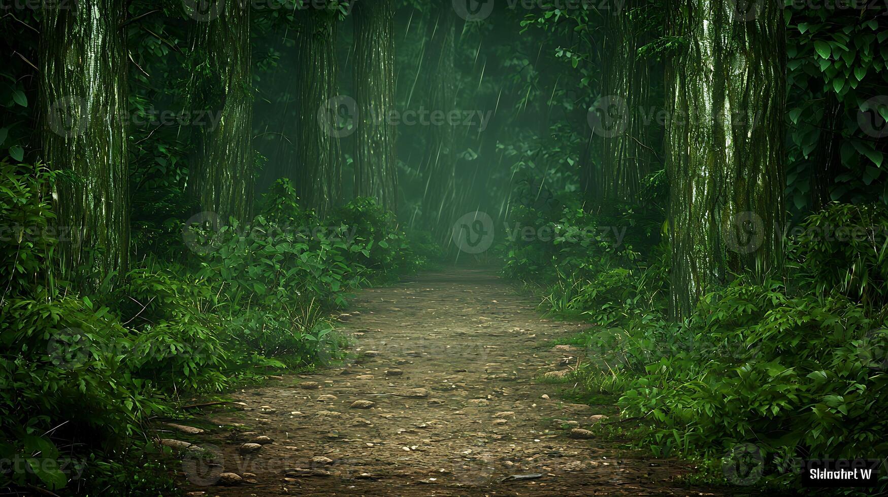 Serene forest path leading through dense greenery with misty ambiance and soft light photo