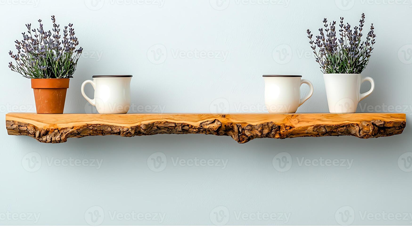 Rustic wooden shelf displaying two white mugs and potted lavender plants against a light wall photo