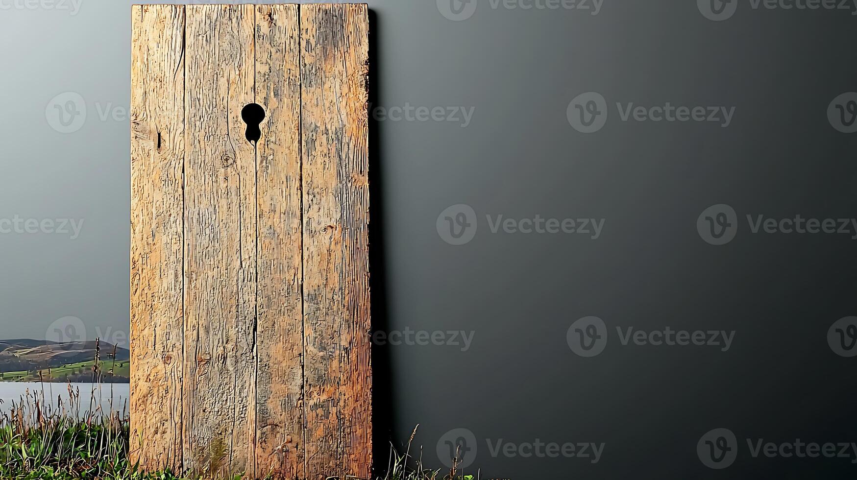 Rustic wooden door with a keyhole set against a serene landscape and calm waters in the background photo
