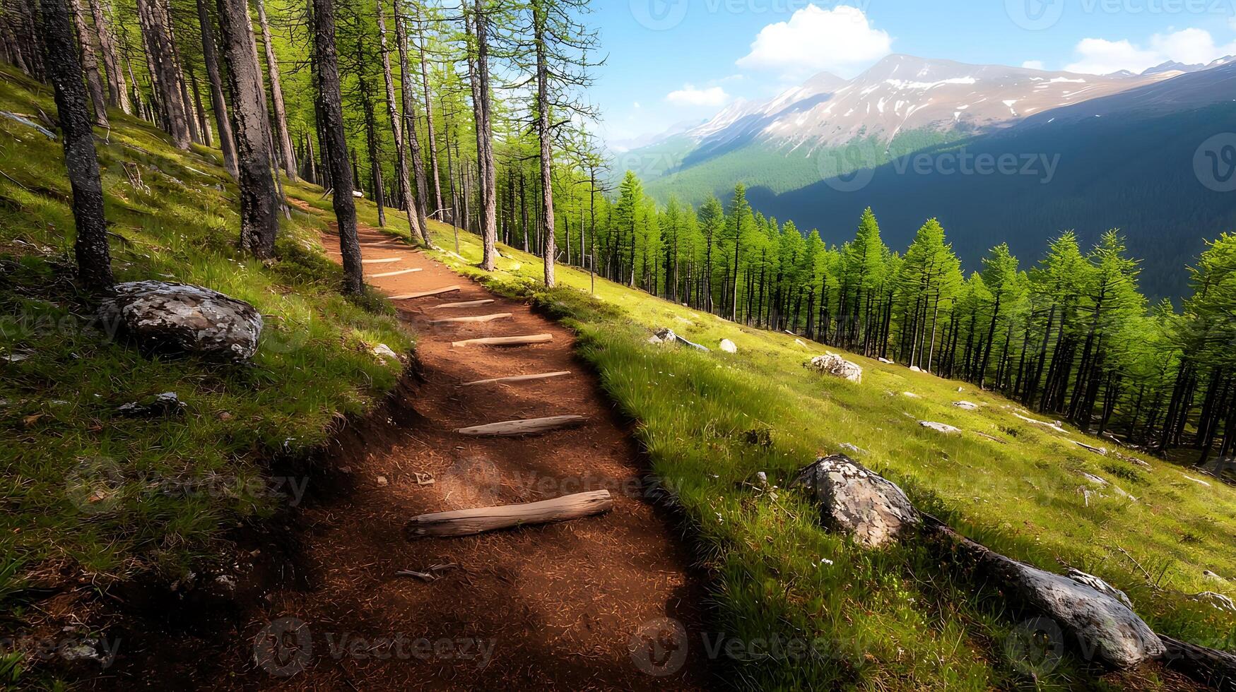Serene forest pathway winding through lush green trees with distant mountains under a clear sky photo