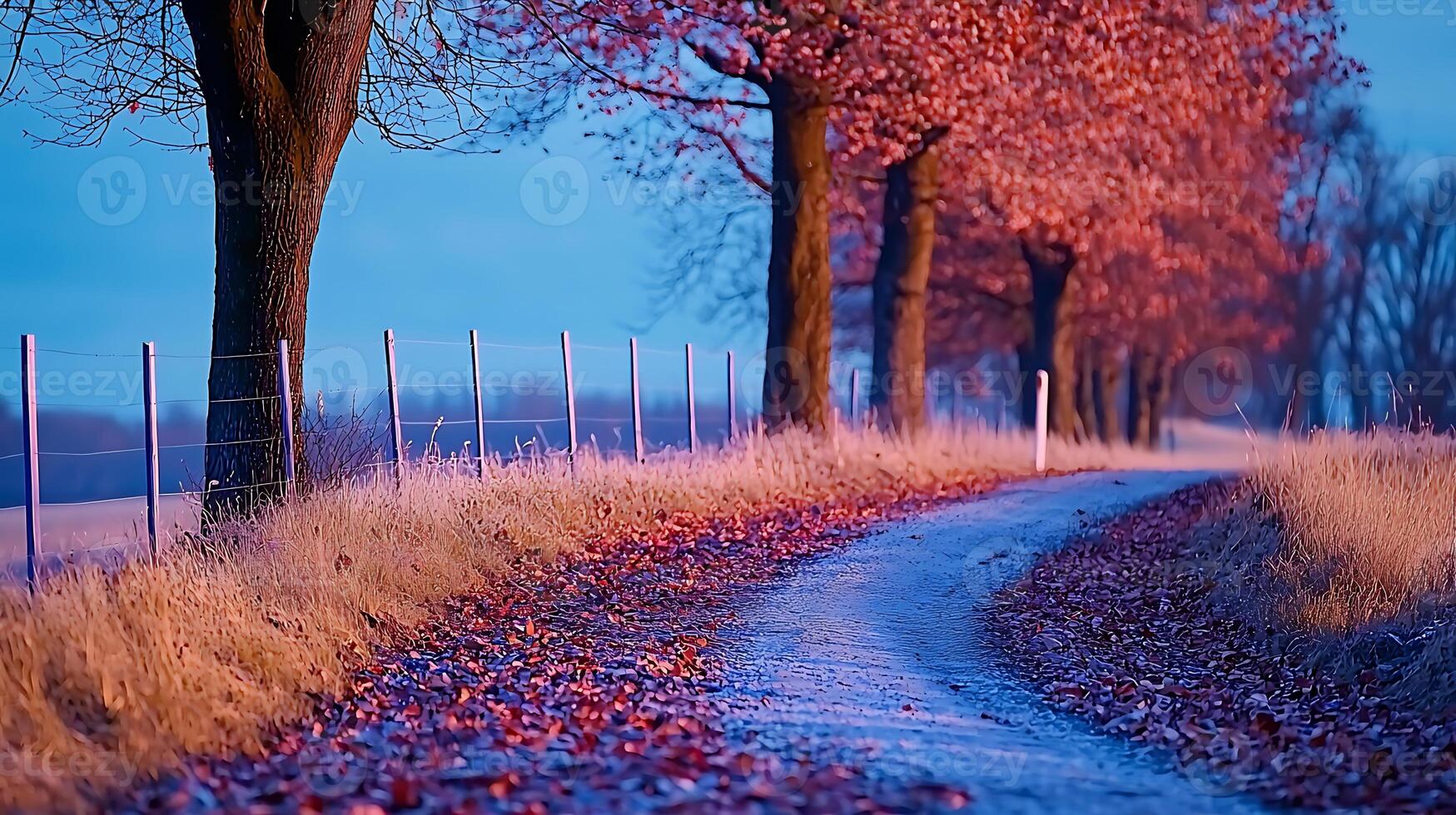 Serene autumn pathway lined with vibrant trees and fallen leaves under a twilight sky photo