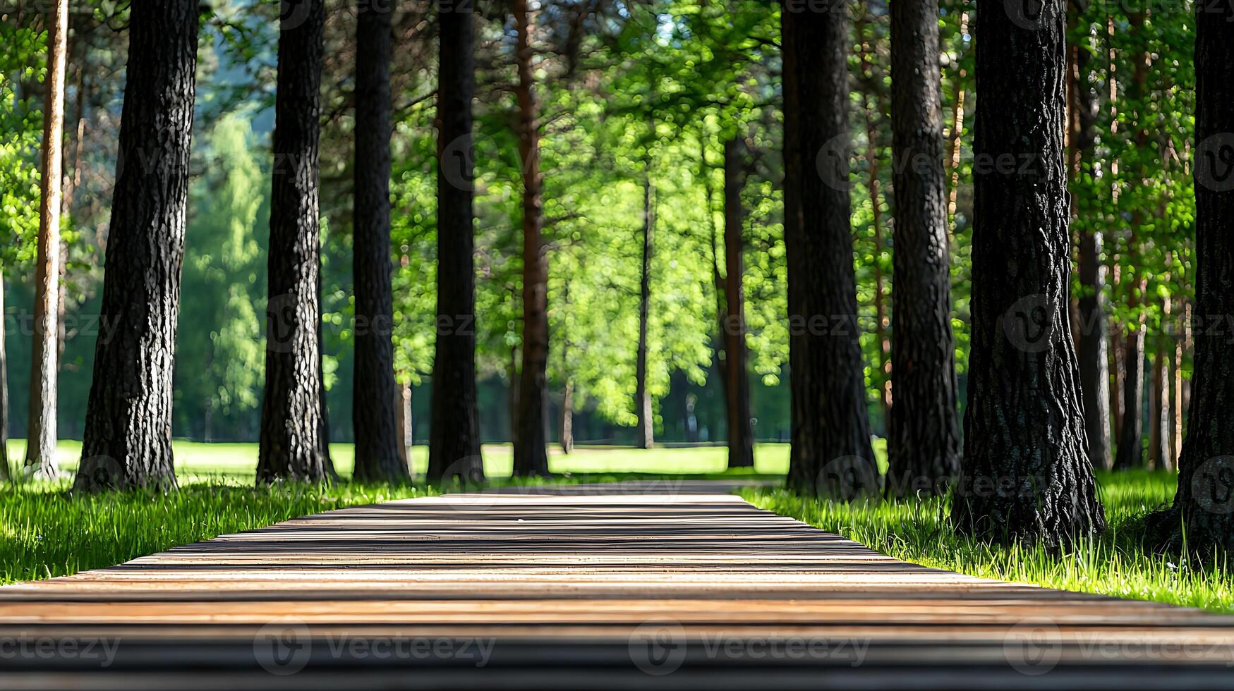 Serene forest pathway lined with vibrant green trees, inviting stroll through nature's beauty photo