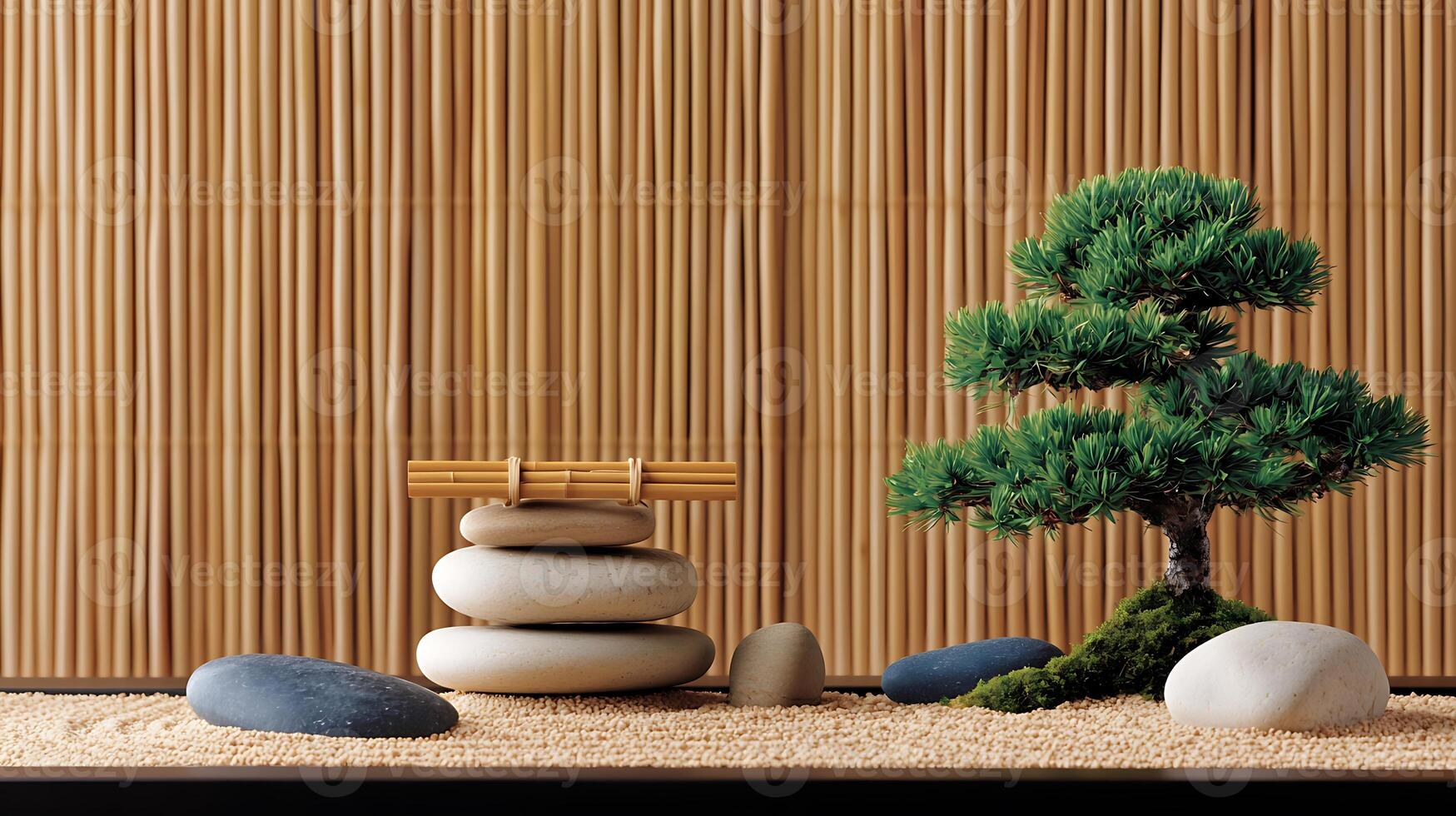Serene Japanese Zen garden featuring stacked stones, a mini pine tree, and smooth pebbles photo